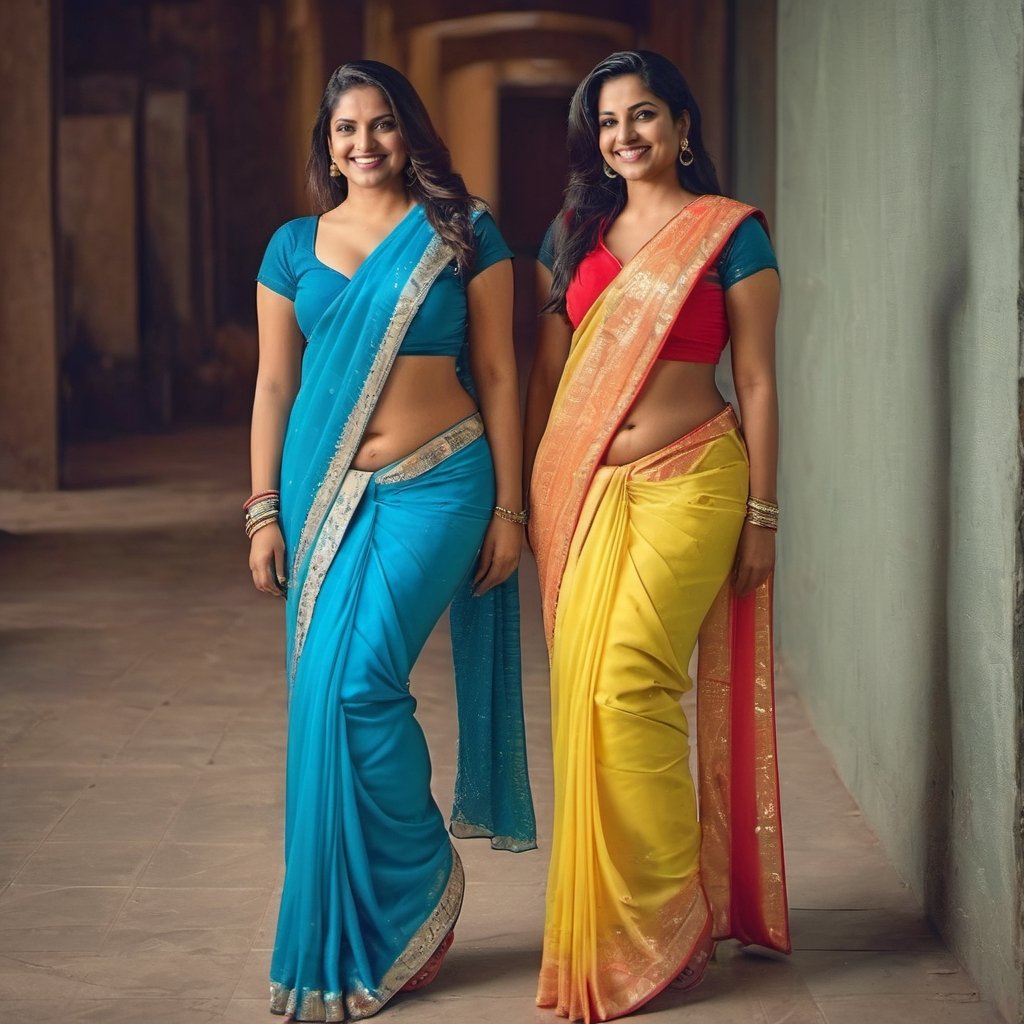 full body photo of 2 Indian women, princesses, 28 years old, dressed in sexy sarees, sexy and naughty smile, flirting at the camera. flat matte background, RAW photo, 8k uhd, dslr, soft lighting, high quality, film grain, Fujifilm XT3,Sexy Saree