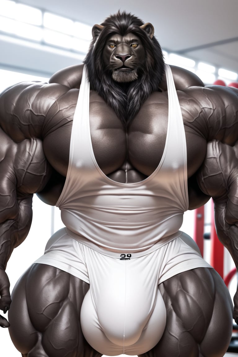 hyper realistic, photography, masterpiece, looking at viewer, detailed fur, (detailed eyes:1.2), detailed eyes, male, anthro, (black color lion, black lion, black skin body color), (hyper muscles, hyper pecs, thick arms, extremely huge muscles:1.3), (white tanktop, white underwear, huge bulge), (huge legs, thick thigs, quads, claves), (annoyed, bored), (gym background)