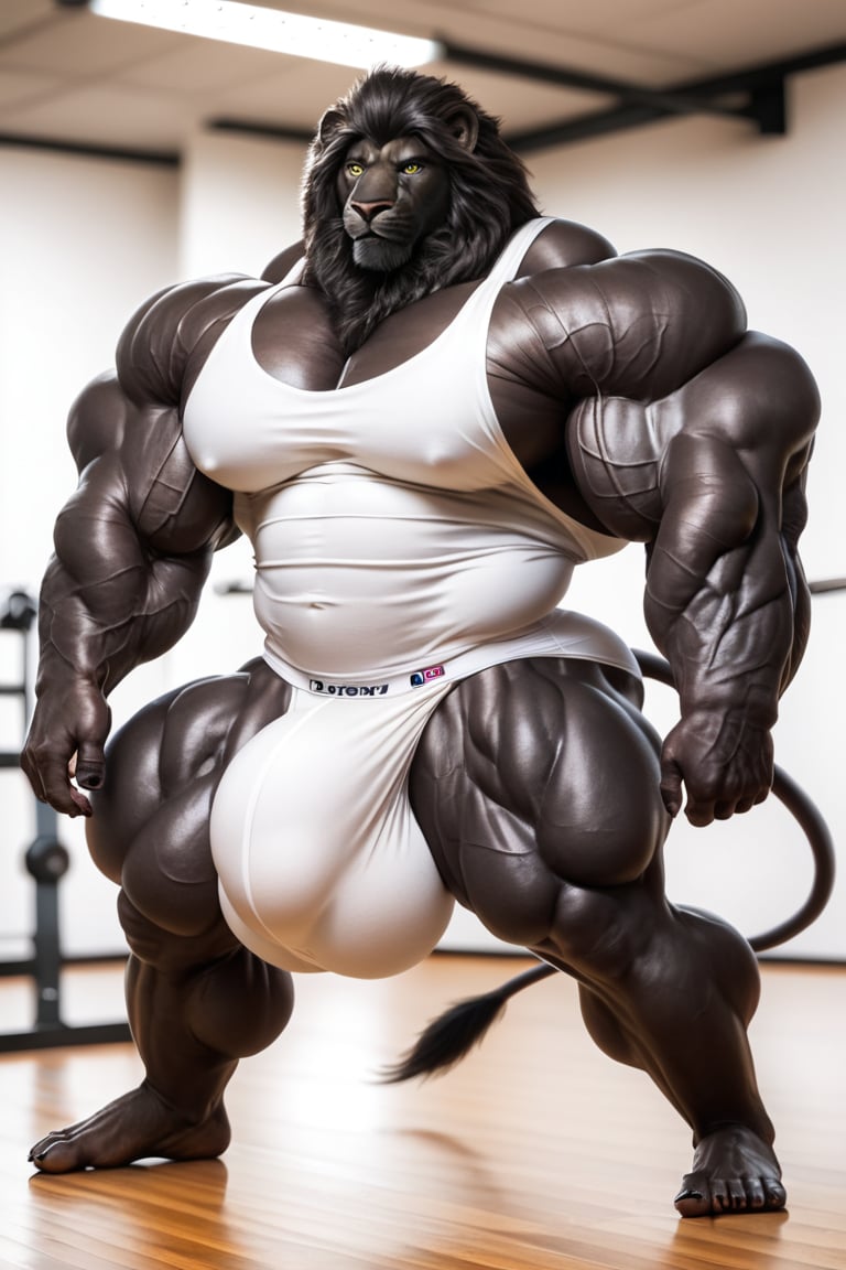 hyper realistic, photography, masterpiece, looking at viewer, detailed fur, (detailed eyes:1.2), detailed eyes, male, anthro, (black color lion, black lion, black skin body color), (hyper muscles, hyper pecs, thick arms, extremely huge muscles:1.3), (white tanktop, white underwear, huge bulge), (huge legs, thick thigs, quads, claves), (annoyed, bored), (gym background), full body