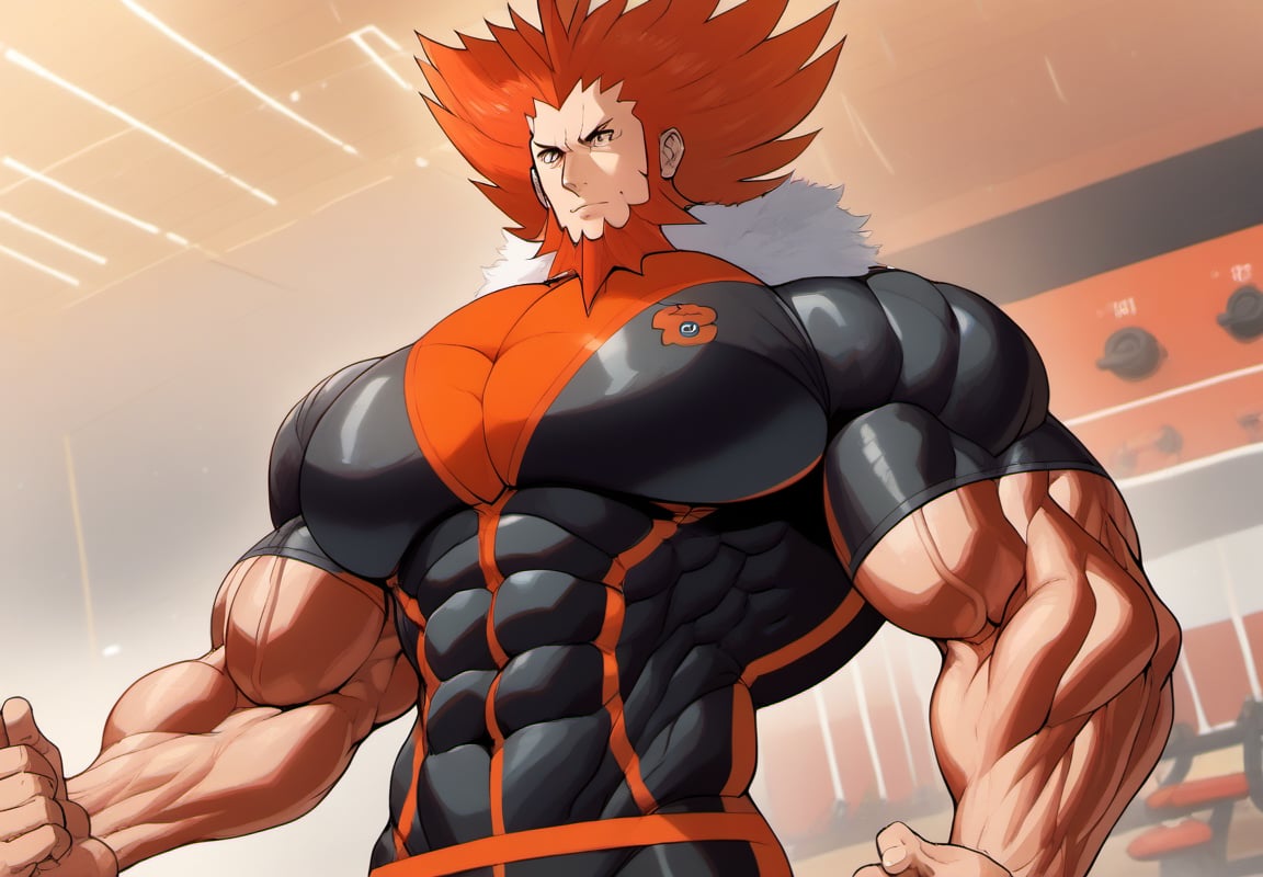 (perfect anatomy, perfect proportions, best quality, masterpiece, high_resolution, high quality, aesthetic, absurdres), , solo male, adult, mature, masculine, manly, handsome, charming, alluring, standing, upper body, dutch angle, 
(hyper muscles, hyper pecs, hyper muscles abdominal, hyper muscle shoulders, thick arms, extremely huge muscles:1.3), (gigantic muscles, gigantic body, gigantic pecs, thick arms, extremely massive muscles:1.3), (huge legs, thick thigs, quads, claves), (annoyed, bored), (smaller head, smallest head), (bodybuild gym, gym background, gym), (Lysandre's Face, Lysandre from Pokemon, Handsome Face), (Proportional Mouth), Little_Beard, (Turn the body to the Side), (Stretch the muscle chests with all his Strength), (Ginger Hair, Red Hair, Facial Hair, Beard, Spiked Hair, Big Hair, Black Jacket, Fur Trim), huggymale