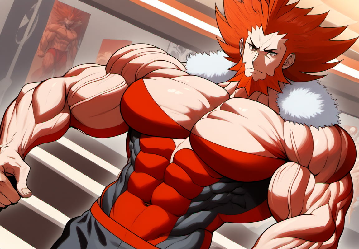 (perfect anatomy, perfect proportions, best quality, masterpiece, high_resolution, high quality, aesthetic, absurdres), , solo male, adult, mature, masculine, manly, handsome, charming, alluring, standing, upper body, dutch angle, 
(hyper muscles, hyper pecs, hyper muscles abdominal, hyper muscle shoulders, thick arms, extremely huge muscles:1.3), (gigantic muscles, gigantic body, gigantic pecs, thick arms, extremely massive muscles:1.3), (huge legs, thick thigs, quads, claves), (annoyed, bored), (smaller head, smallest head), (bodybuild gym, gym background, gym), (Lysandre's Face, Lysandre from Pokemon, Handsome Face), (Proportional Mouth), Little_Beard, oil skin, (Turn the body to the Side), (Stretch the muscle chests with all his Strength), (Ginger Hair, Red Hair, Facial Hair, Beard, Spiked Hair, Big Hair, Black Jacket, Fur Trim)