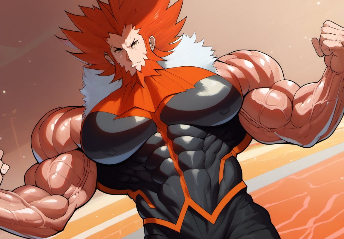 (perfect anatomy, perfect proportions, best quality, masterpiece, high_resolution, high quality, aesthetic, absurdres), , solo male, adult, mature, masculine, manly, handsome, charming, alluring, standing, upper body, dutch angle, 
(hyper muscles, hyper pecs, hyper muscles abdominal, hyper muscle shoulders, thick arms, extremely huge muscles:1.3), (gigantic muscles, gigantic body, gigantic pecs, thick arms, extremely massive muscles:1.3), (huge legs, thick thigs, quads, claves), (annoyed, bored), (smaller head, smallest head), (bodybuild gym, gym background, gym), (Lysandre's Face, Lysandre from Pokemon, Handsome Face), (Proportional Mouth), Little_Beard, (Turn the body to the Side), (Stretch the muscle chests with all his Strength), (Ginger Hair, Red Hair, Facial Hair, Beard, Spiked Hair, Big Hair, Black Jacket, Fur Trim), ((huggymale))