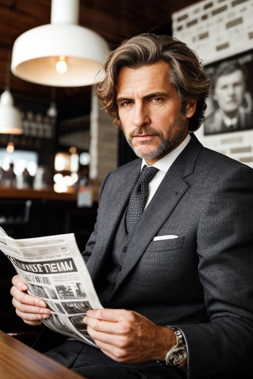 photorealistic,  man with salt-and-pepper hair, 55 years old, wearing a tailored suit and reading a newspaper in a coffee shop, Detailed Art, symmetrical, soft lighting, detailed face,Movie Still,Detailedface,Detailedeyes,Realism