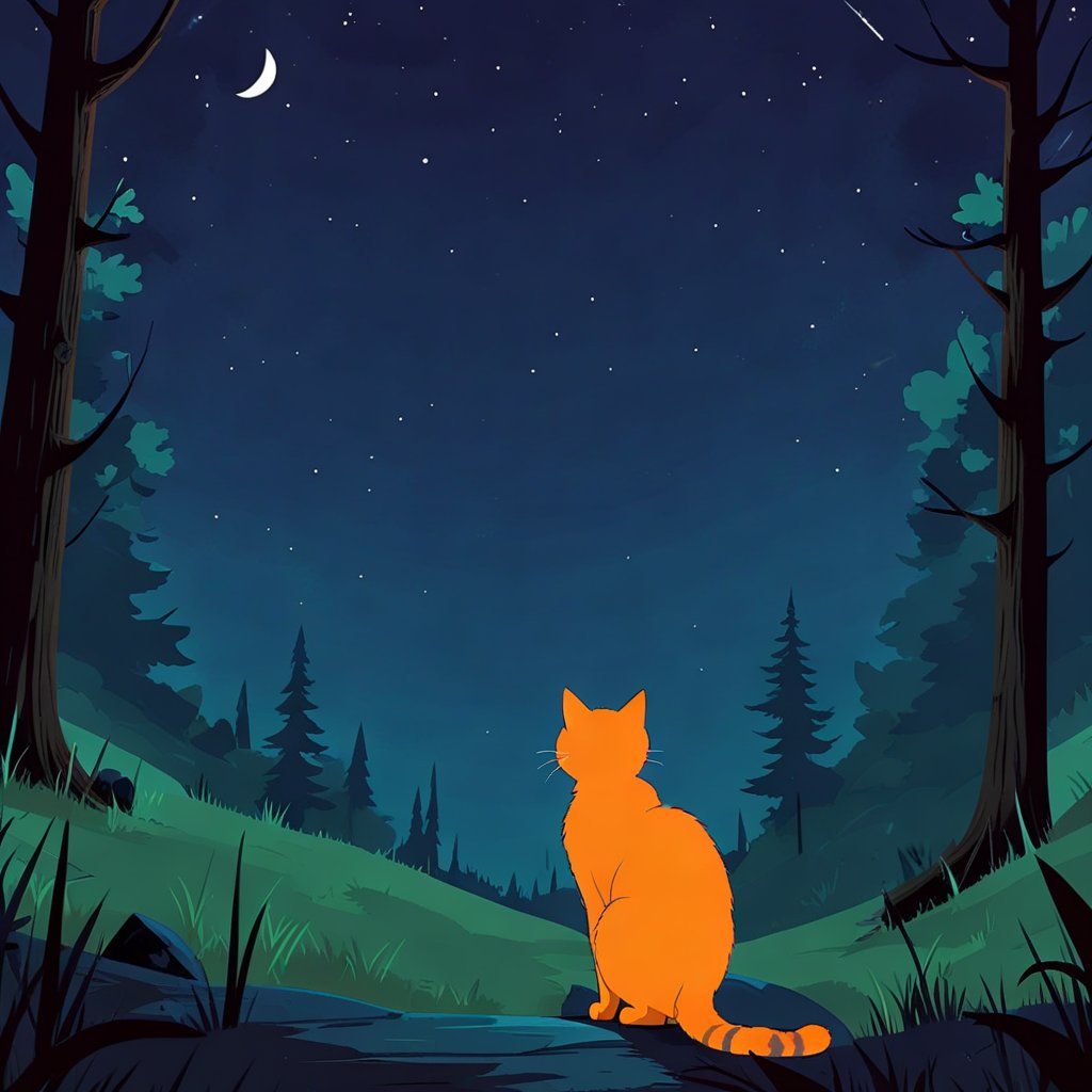 (minimalist:1.4), (flat colors:1.4), anime style, in the style of Mike Mignola, ((cat, giant cat, orange cat, realistic cat)), into the wild, nature background, night