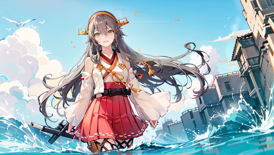 masterpiece,  best quality,  smile, HarunaOG,  1girl,  solo,  haruna \(kancolle\):0.5,  black hair,  gold eyes,  long hair,  hairclip,  hairband,  headgear,  nontraditional miko,  bare shoulders,  red skirt,  breast bondage,  sideboob,  pleated skirt,  hakama short skirt,  wide sleeves,  detached sleeves,  waist bow,  thigh boots,  thighhighs,  looking at viewer,{illustration,picturesque}, {studio light, picturesque}, [best shadow], HoshiakariCSABREAK(perfect anatomy), (symmetric eyes, ultra-detailed eyes, beautiful eyes), (sharp eyeliner, ultra-detailed face, beautiful face), ((brown|yellow) eyes),BREAKnice hands, perfect hands, hand by Guido Daniele,BREAK1girl, solo,BREAKHarunaKaiNiKC, BREAKlooking at viewer, cowboy shot, facing to viewer, smile, blush, (a beautiful girl walking on sea), sunset, beautiful sky, (arm behind back), smile, cowboy_shot, (one_eye_closed),put the girl on right side , young girl, sea waves, cloudy_sky, cilif on background, sea birds, body wet , nontraditional miko,wide sleeves, chest sarashi, detached sleeves, HoshiakariCSA,ShizumaCSA