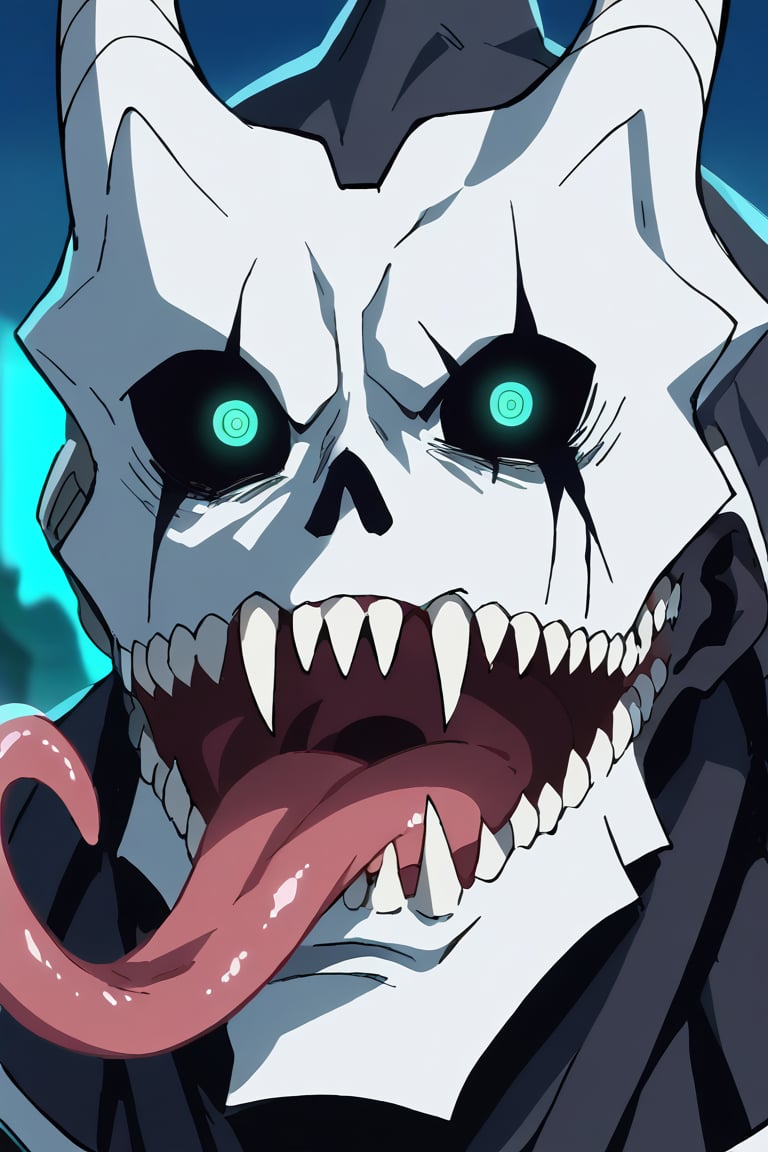 score_9,score_8_up, score_7_up, source_anime, BREAKoutdoors, ,kafkakaiju, 1boy, solo,glowing, glowing eyes, horns, sharp teeth, armor, aqua eyes,  looking at viewer, neon trim, black sclera,portrait, tongue out, long tongue, anime screencap, anime coloring, official art, 