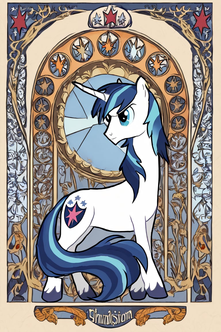 Shining Armor mlp, single, blue eyes, simple background, blue hair, full body, horns, no humans, single horn, unicorn, tracer,art nouveau