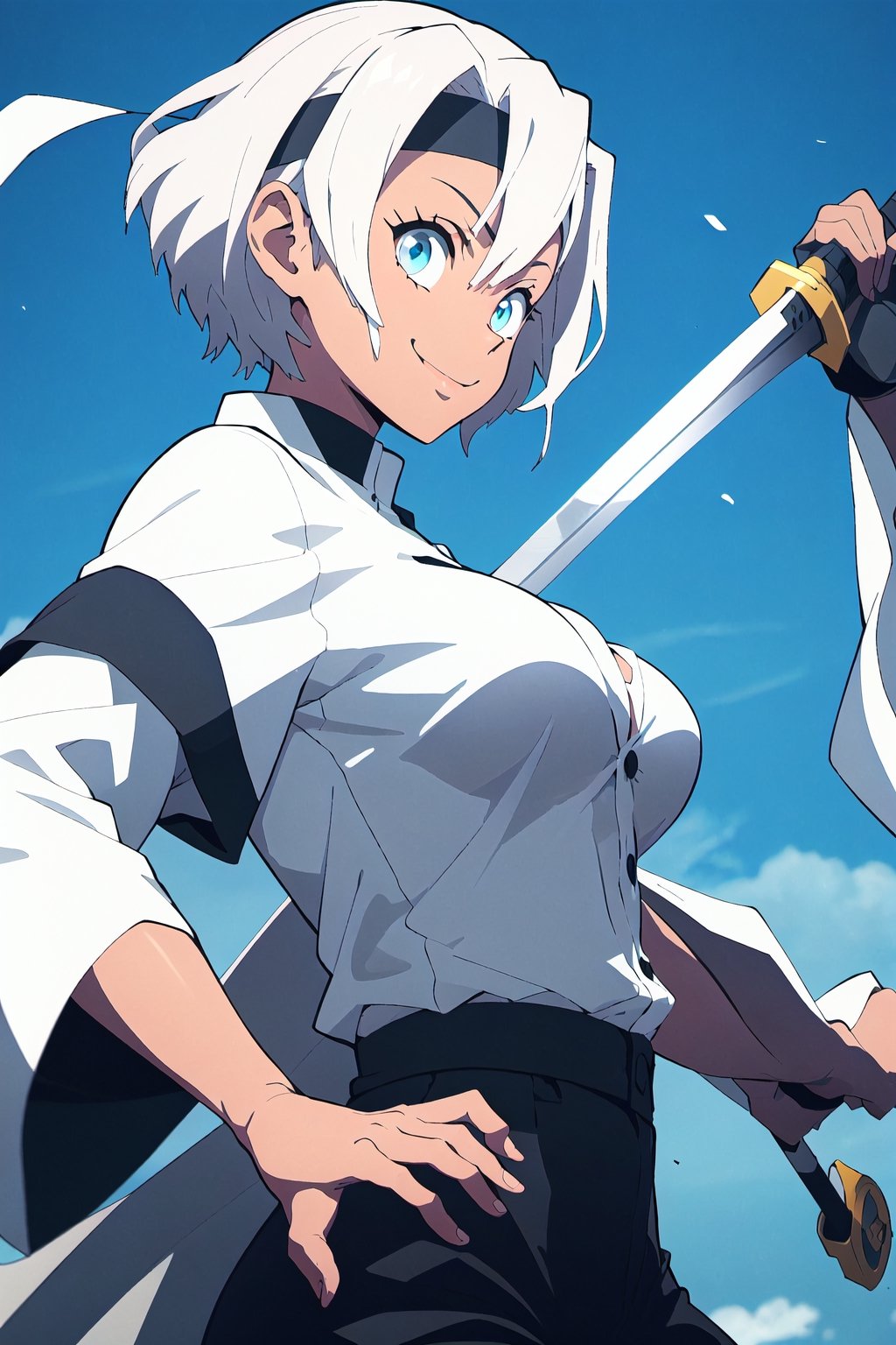 Masterpiece, best quality, white hair, brown skin, crystal blue eyes, black headband, black pants, white sleeves, chest exposed, holding a katana, smile, white hair, short hair bangs, black shirt , buttons, demon slayer uniform, shinobu(Demon slayer), , dark skin, brown skinned girl, (demon slayer), big breast, standing, looking at viewer, side profile , cool pose, pose, upper body, big breast, , arm raised, arm up to face