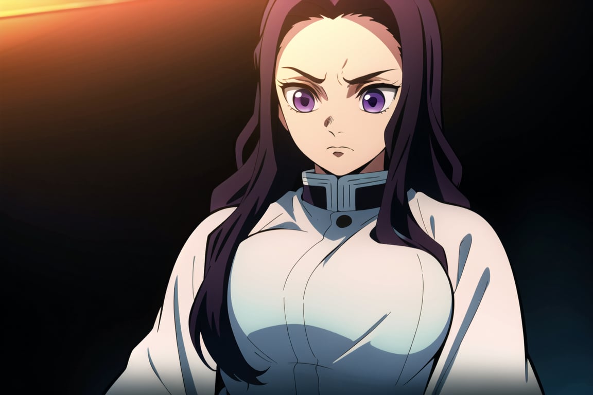 kimetsu no yaiba style, 1girl, solo, demon slayer uniform, black and ((kimestu no yaiba)), purple eyes, long  hair, black hair, messy hair, upper body, anime coloring, light, , big breast,  adult body,  hair flowing, demon, white skin, eyebags, moody demeanor, dark atmosphere, purple atmosphere, unhappy, snake scale marks, fog, looking down at object, head down, 