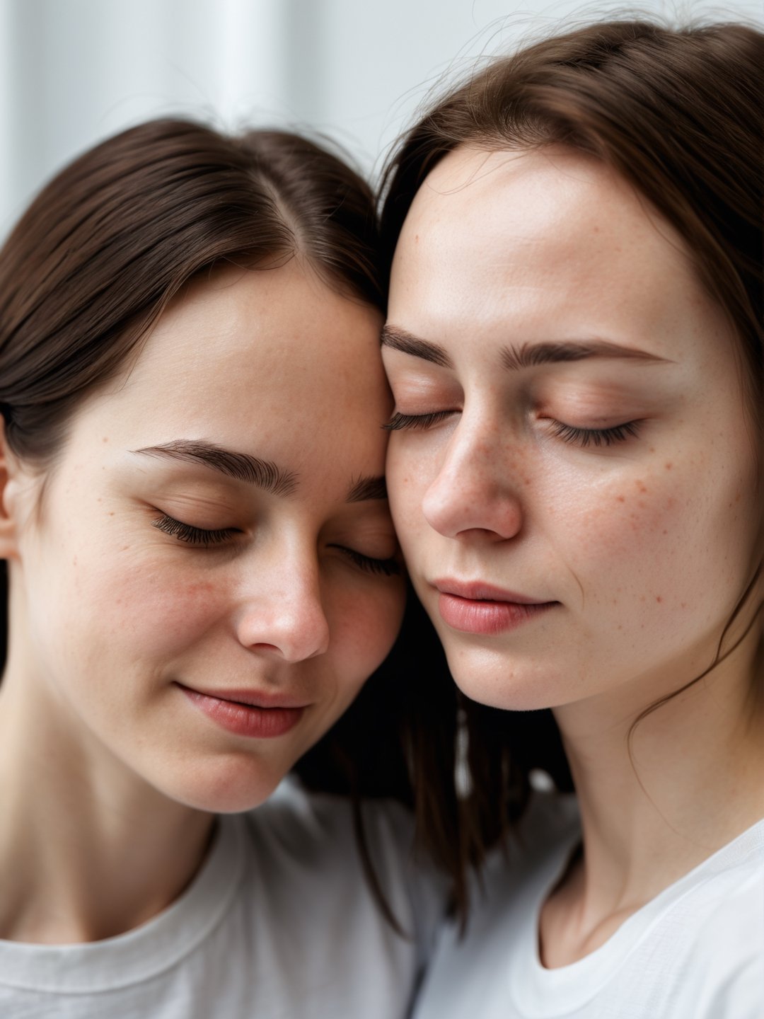 photo r3al, masterpiece, best quality, ultra realistic, 8k, ultra detailed, two women hugging, short, beautiful, (((closeup, closed eyes, very close))), front view, t-shirt, detailed face, detailed eyes, realistic eyes, natural face, natural beauty, tiny breasts, smirking, luxury white room