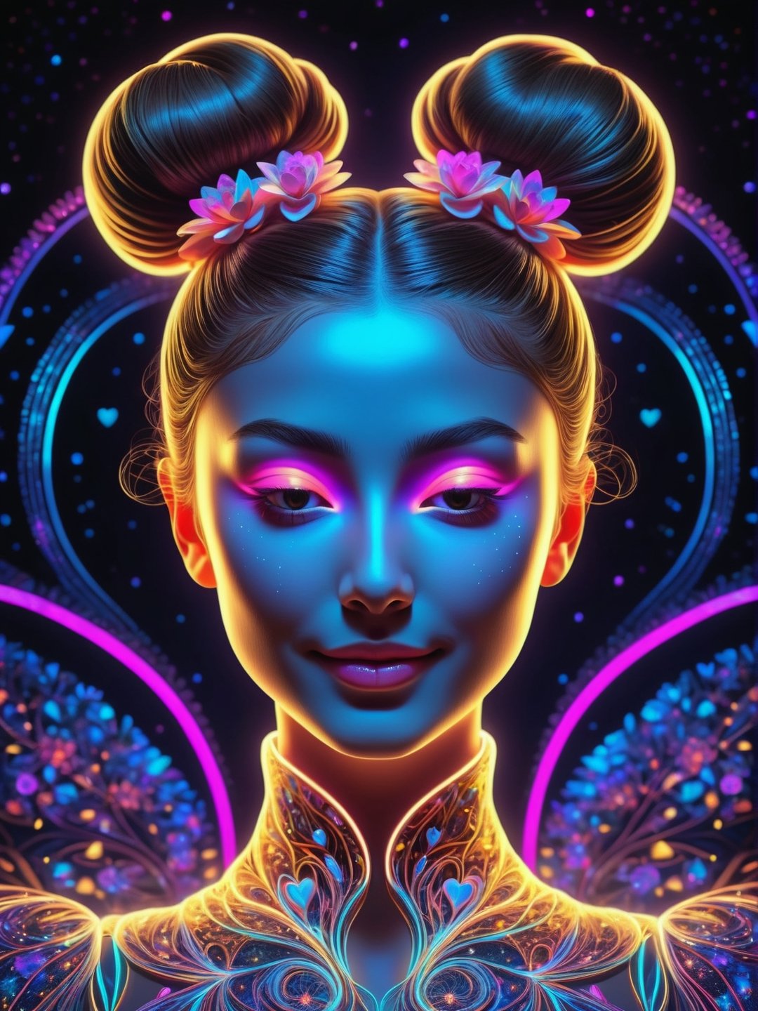 masterpiece, hyperdetailed, glowing outline of beautiful woman, double bun, front view, best quality, 8k, ultra quality, ultra detailed, fantasy, floral, celestial, ethereal, aestethic, fluorescent, dark starry background, colorful, luminescent, shiny contours, neon outlines, (((closed eyes))), fractal heart elements, smirking