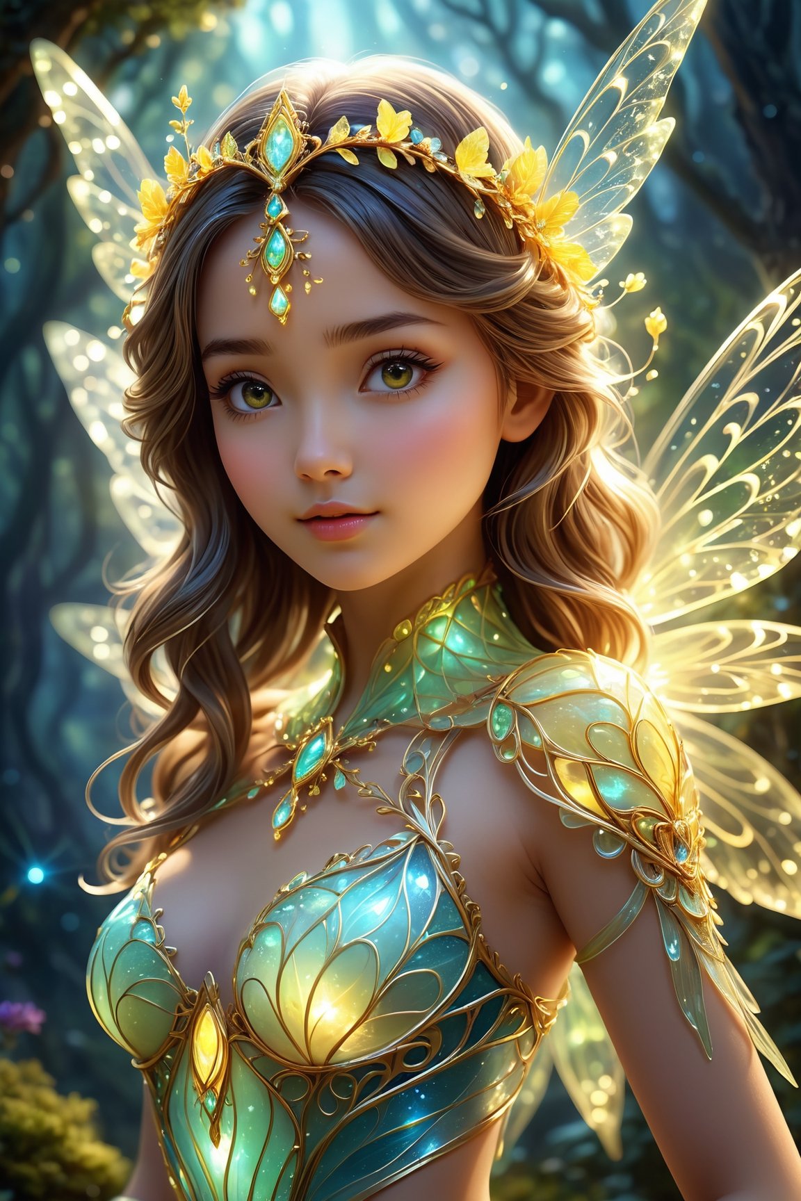 ultra realistic, best quality, cinematic, ultra detailed picture of beautiful cute friendly female fairy wearing an intricate form-fitting outfit with glowing fractal glass elements in an enchanted heavenly landscape, sharp focus, work of beauty and complexity invoking a sense of magic and fantasy, calming face and pose, 8k UHD, colorful aura, yellow glow, upper body, closed mouth, 