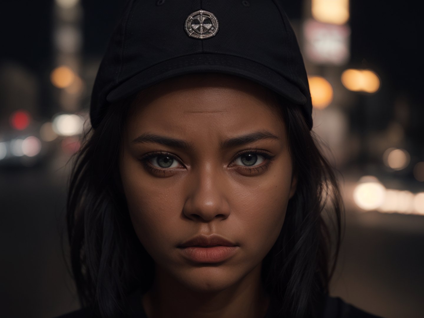 best quality, ultra detailed, ultra quality, hyperrealistic photography, 8k, 8k UHD, bad dangerous black girl in the night on empty street, closeup, stadning, facing_viewer, looking_at_viewer, closed mouth, black sky, evil eyes, skinny, narrow shoulders, irritated, proud, confident, snapback cap, night, 