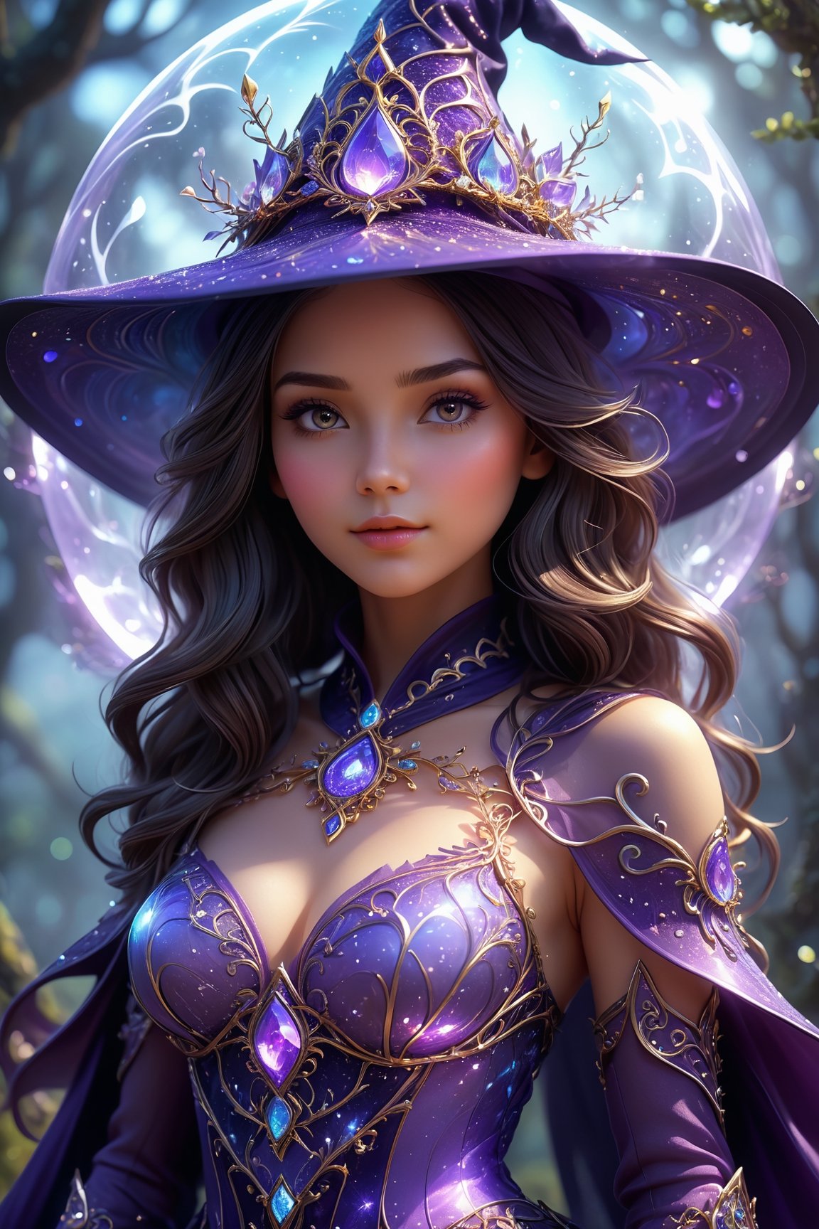 ultra realistic, best quality, cinematic, ultra detailed picture of beautiful cute friendly female witch wearing an intricate form-fitting outfit with glowing fractal glass elements in an enchanted heavenly landscape, sharp focus, work of beauty and complexity invoking a sense of magic and fantasy, calming face and pose, 8k UHD, colorful aura, purple glow, upper body, closed mouth, 