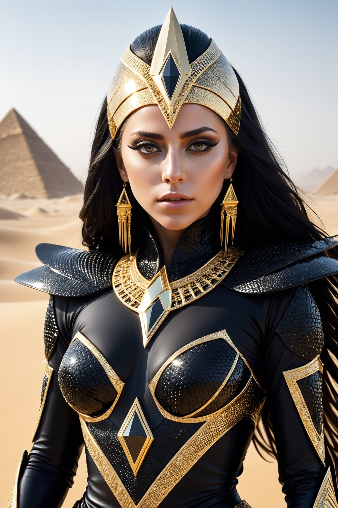 ultra realistic, best quality, cinematic, ultra detailed picture of Lady Gaga wearing a black intricate form-fitting outfit with golden sharp mirror shards and reptile elements in an egyptian desert landscape with smooth white pyramids, sharp focus, work of beauty and complexity invoking a sense of magic and fantasy, white pyramids, 8k UHD, dark aura, glowing, upper body, (((closed mouth))), black feathers diadem, night