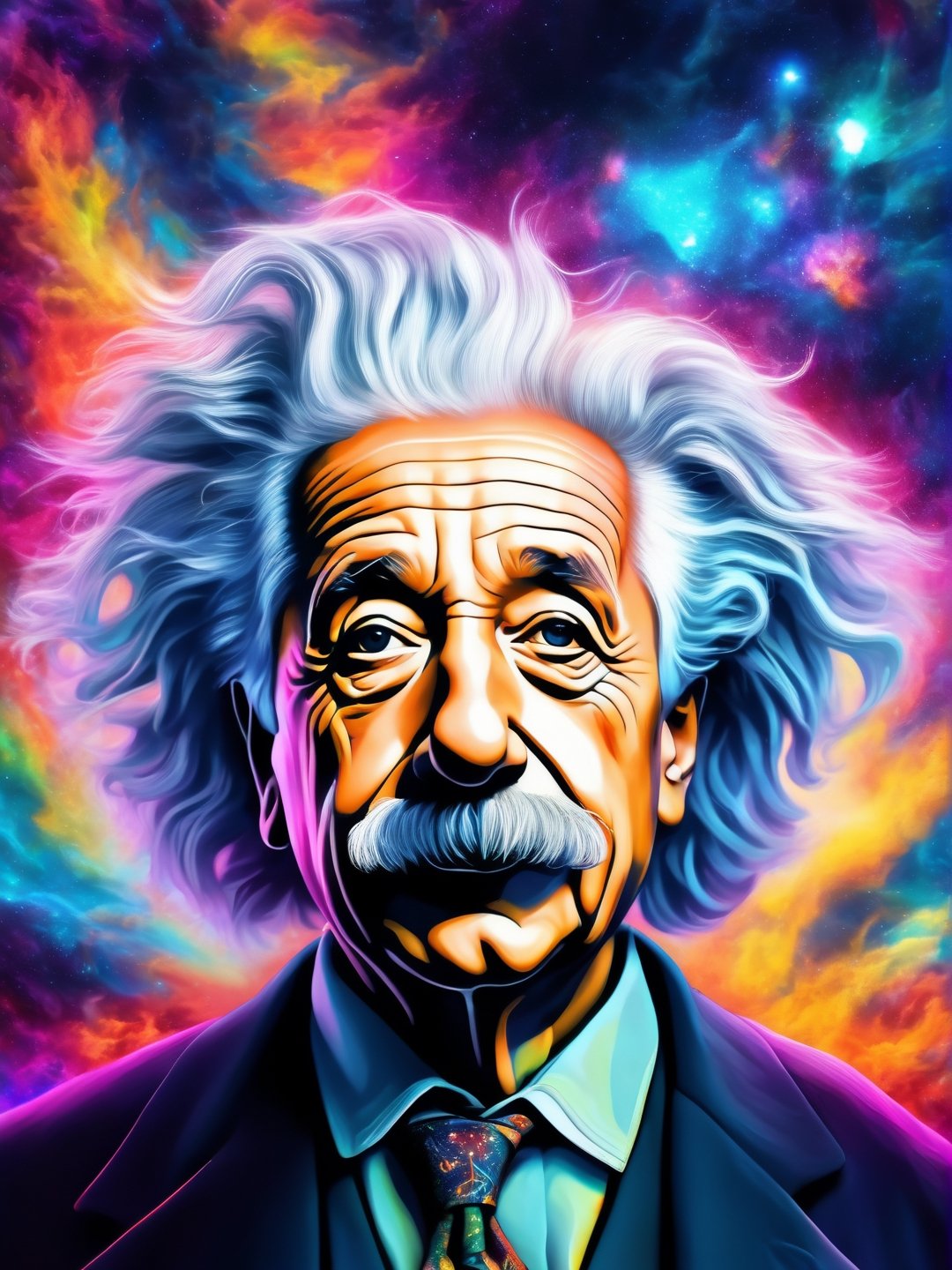 Albert Einstein portrait, nebula, Leonardo Style, Bold, Digital Painting, Edgy, Colorful, 8K UHD, Intricate Details, sunshine, bright lighting, colorful, trippy, hyper-realistic details, with digital painting techniques, trending on Artstation, cinematic lighting, psychedelic, psy art, realistic hair, detailed hair, upper body, 