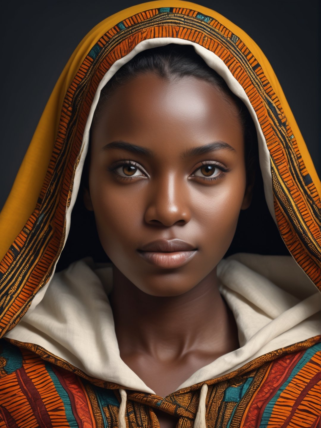 photo r3al, (masterpiece, best quality, ultra detailed, ultra realistic, hyperrealistic photography, photorealistic, hyperdetailed, 8k, 8k UHD), solo female, beautiful, natural face, upper body, african, traditional dress with hood