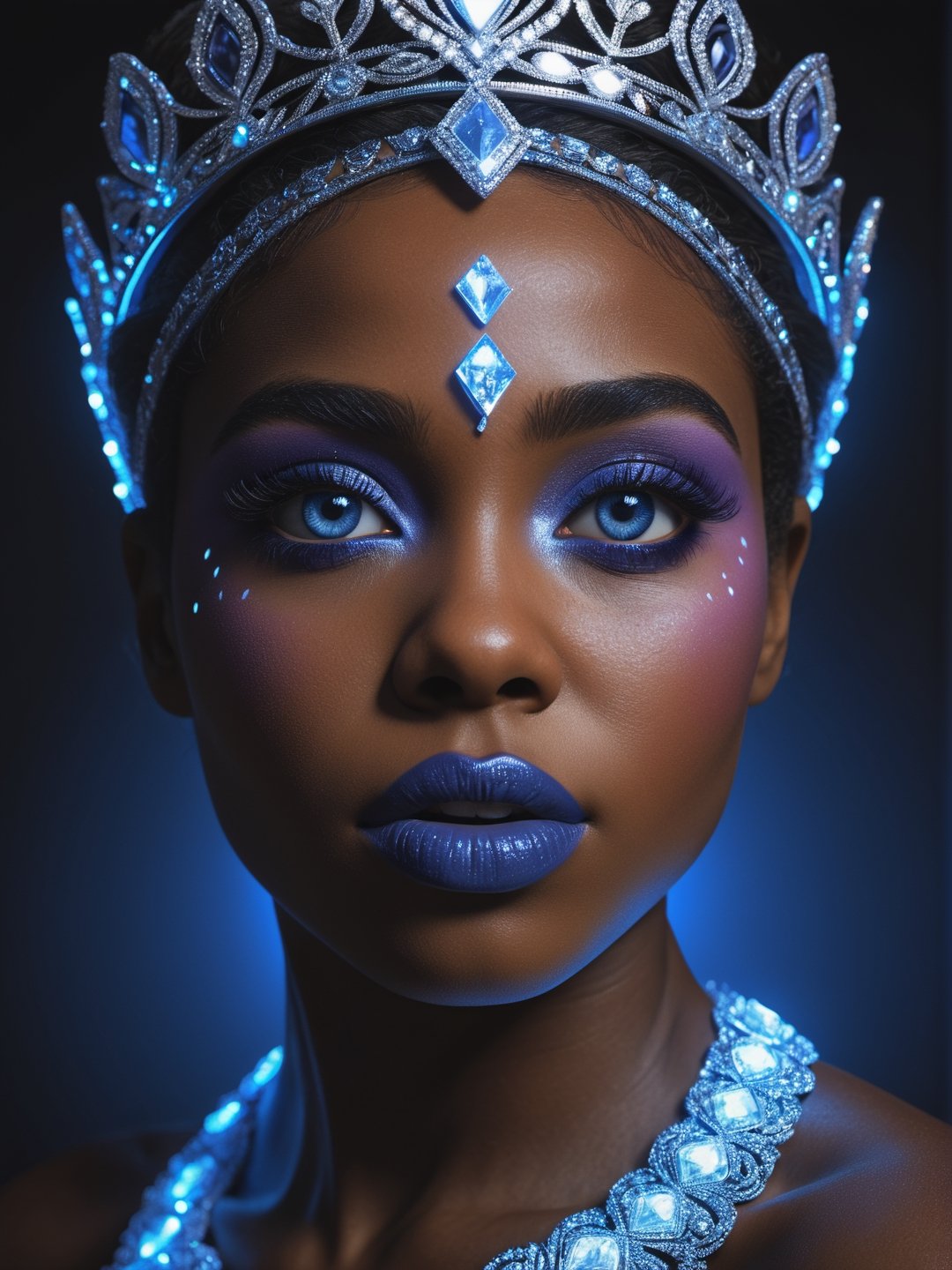 best quality, masterpiece, 8k, ultra detailed, ultra realistic, beautiful black woman with blacklight makeup, realistic eyes, skin details, cinematic, Movie Still, high resolution, hyperrealistic photography, photorealistic, diamond diadem, professional photography, 