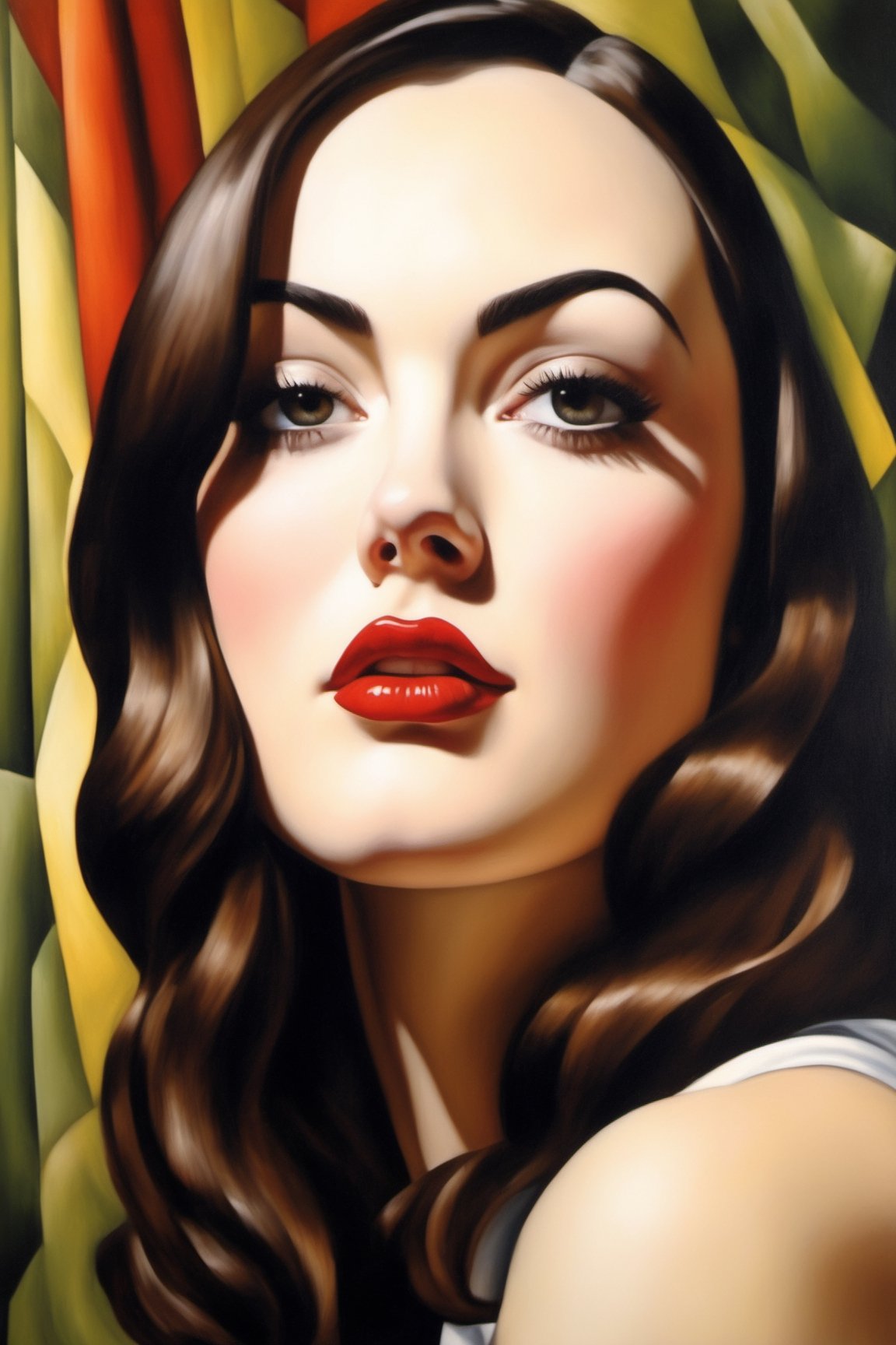 oil painting of Sasha Grey, portrait, beautiful face, best quality, realistic, (((Sasha Grey))), Sasha Grey's face, ultra detailed, calming, Tamara de Lempicka style, painted by Tamara de Lempicka, bold edges, elegant