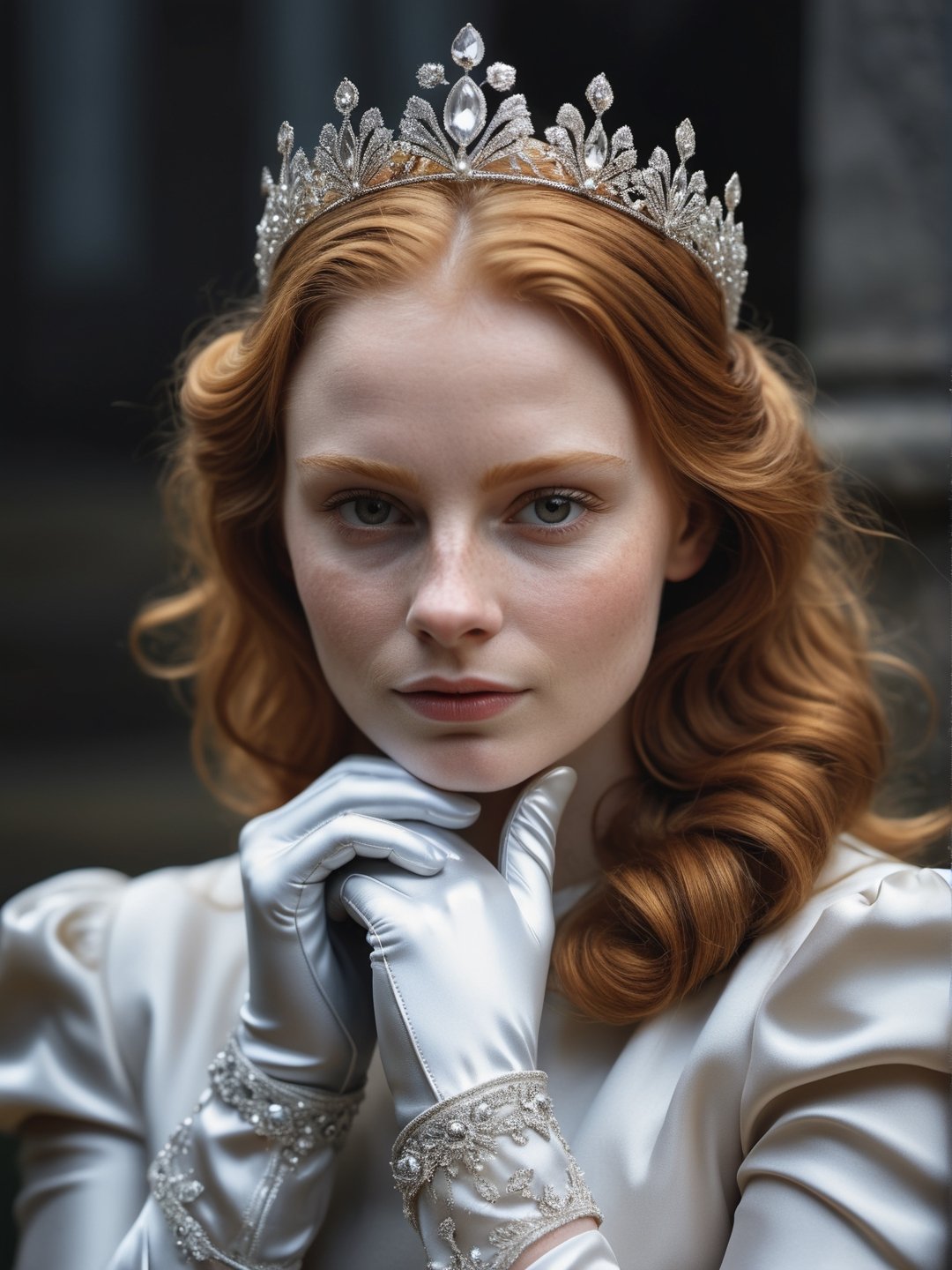 masterpiece, best quality, young woman, ginger, chubby, silver platinum crystal diadem, silk golden gloves, smirking, closeup, professional photography, 8k, ultra realistic, photo r3al, delicate face, clean face, mysterious, darkness, outdoor, closed mouth, messy hair, closed mouth, looking_at_viewer, simple golden clothes