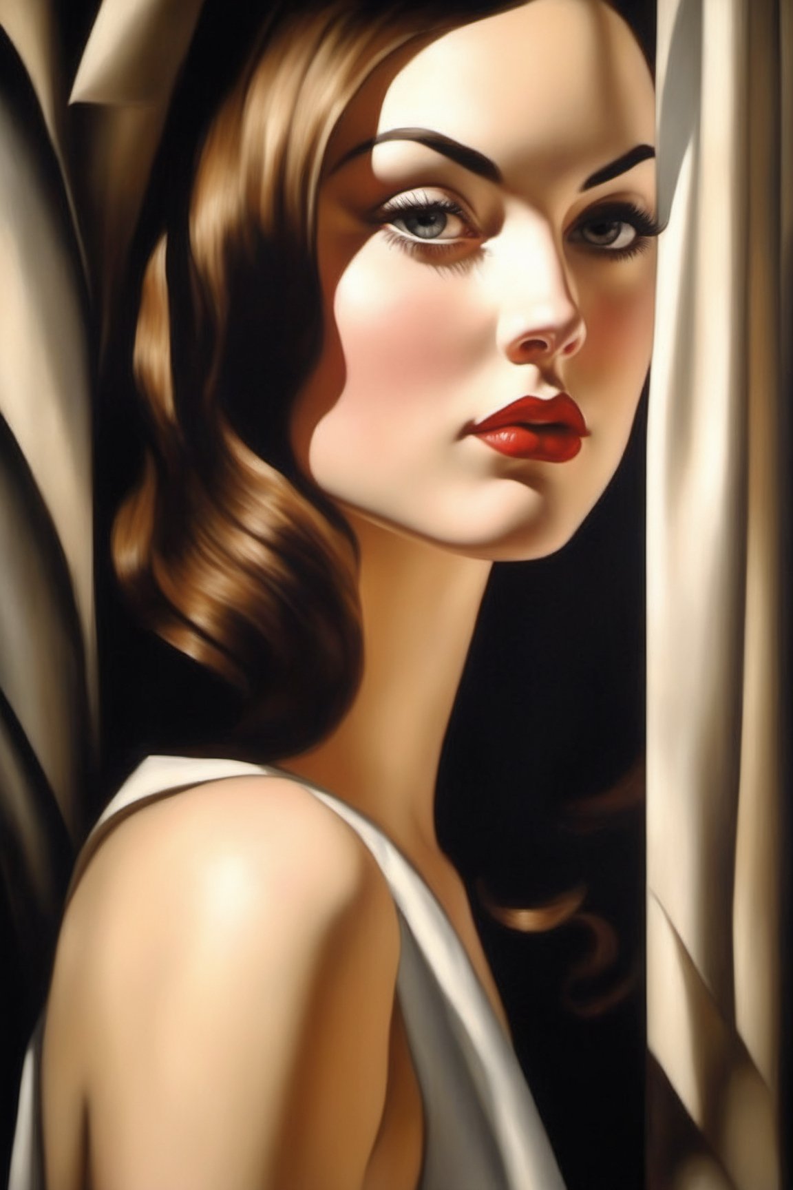 oil painting of Sasha Grey, portrait, beautiful face, best quality, realistic, (((Sasha Grey))), Sasha Grey's face, ultra detailed, calming, Tamara de Lempicka style, painted by Tamara de Lempicka, bold edges, elegant