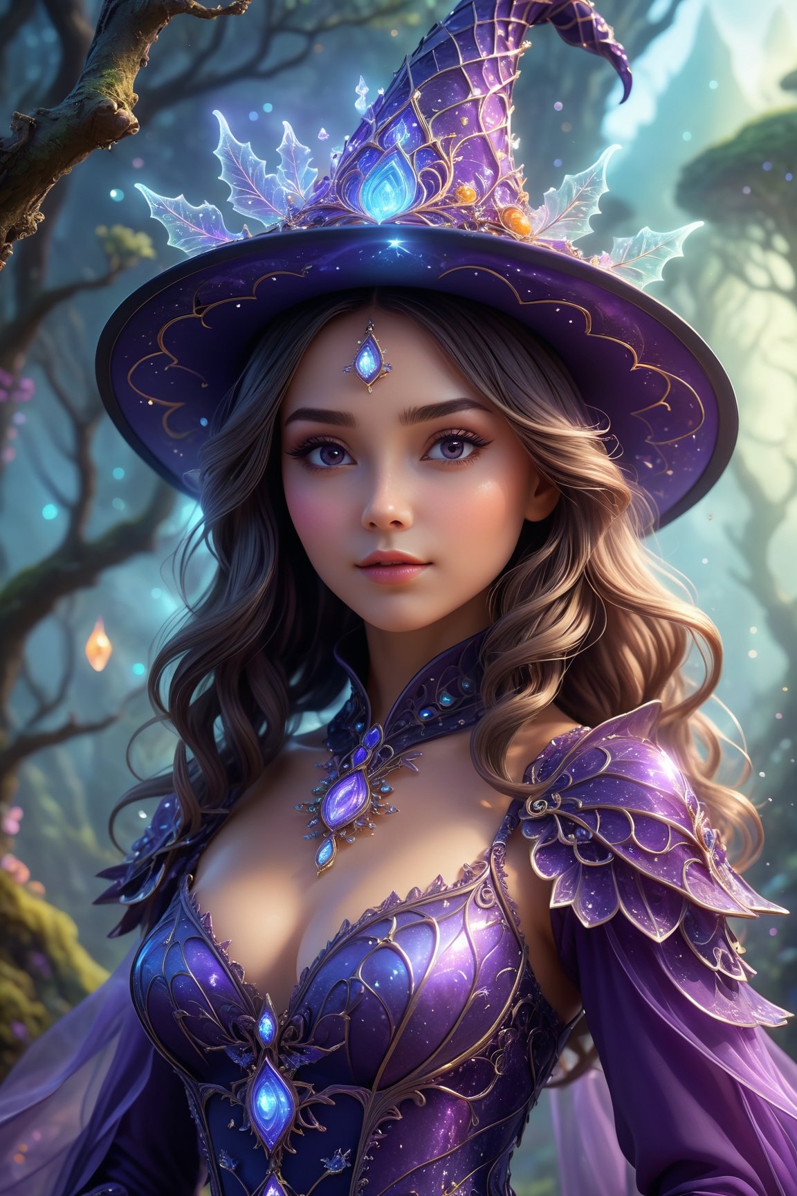 ultra realistic, best quality, cinematic, ultra detailed picture of beautiful cute friendly female witch wearing an intricate form-fitting outfit with glowing fractal glass elements in an enchanted heavenly landscape, sharp focus, work of beauty and complexity invoking a sense of magic and fantasy, calming face and pose, 8k UHD, colorful aura, purple glow, upper body, closed mouth, 