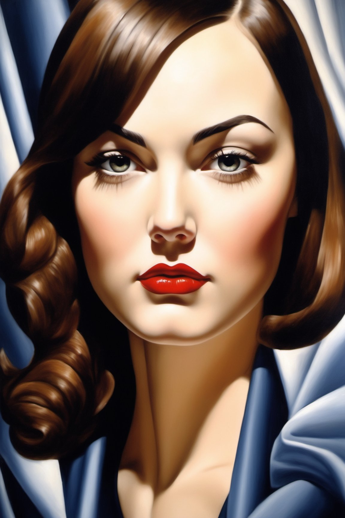 oil painting of Sasha Grey, portrait, beautiful face, best quality, realistic, (((Sasha Grey))), Sasha Grey's face, ultra detailed, calming, Tamara de Lempicka style, painted by Tamara de Lempicka, bold edges, elegant