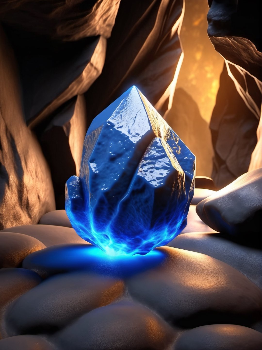 masterpiece, best quality, ultra quality, create fantasy blue magic ore, minimalistic, simple, majestic, in dark cave, levitating, slightly glowing