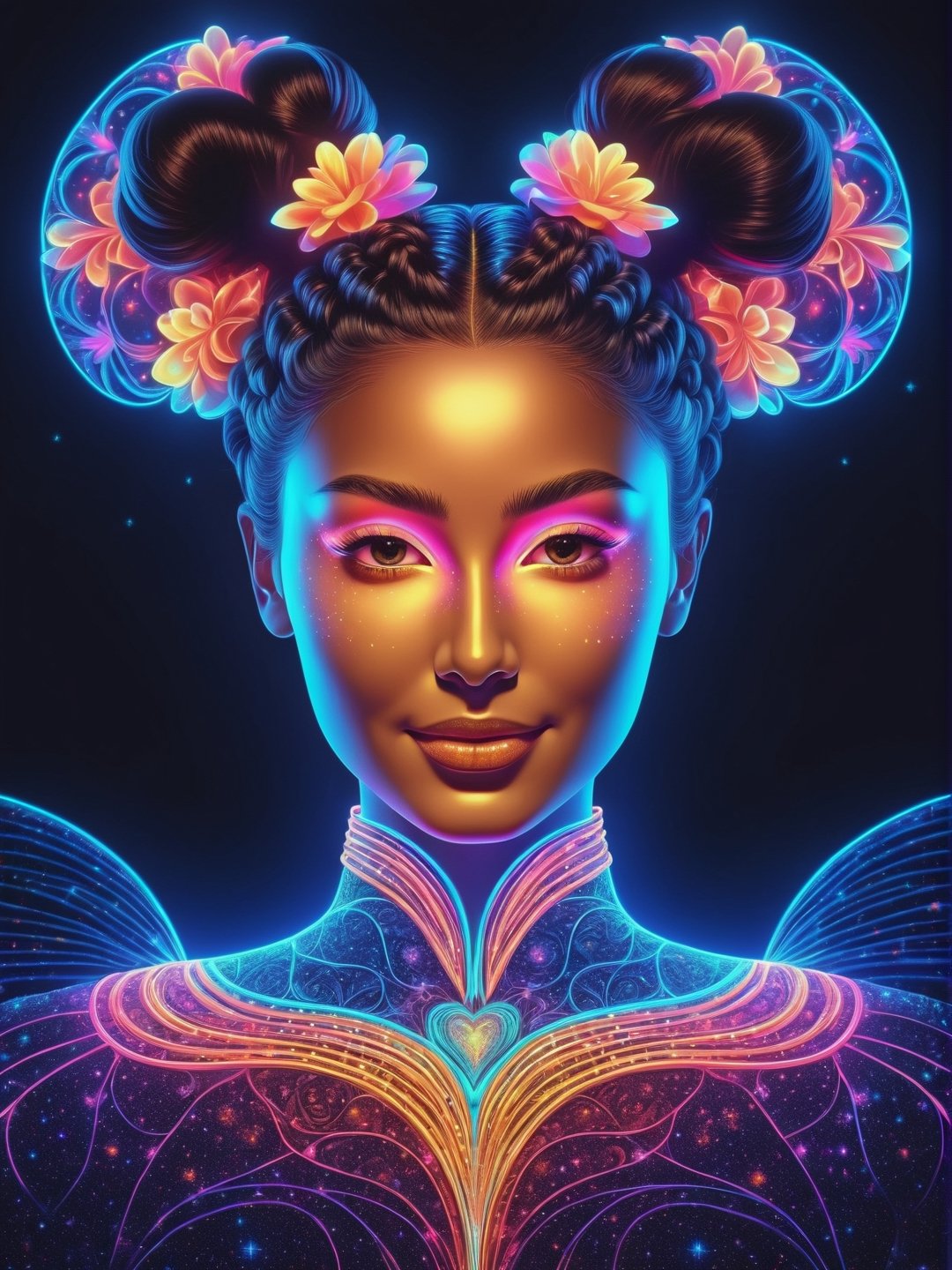 masterpiece, hyperdetailed, glowing outline of beautiful woman, double bun, front view, best quality, 8k, ultra quality, ultra detailed, fantasy, floral, celestial, ethereal, aestethic, fluorescent, dark starry background, colorful, luminescent, shiny contours, neon outlines, (((closed eyes))), fractal heart elements, smirking