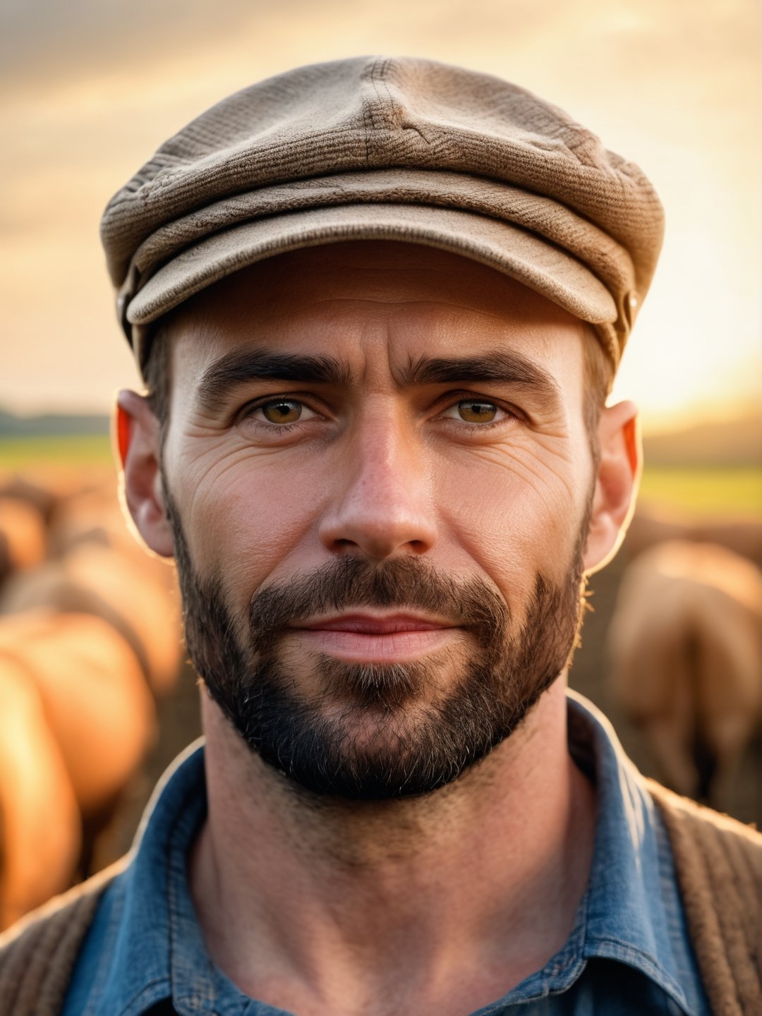 photo r3al, photorealistic, masterpiece, hyperdetailed photography, solo male, 35 years old, best quality, 8k, ultra quality, ultra detailed, closed mouth, warm lighting, soft lighting, (closeup), looking_at_viewer, facing viewer, front_view, farmer, outdoors, field, hat