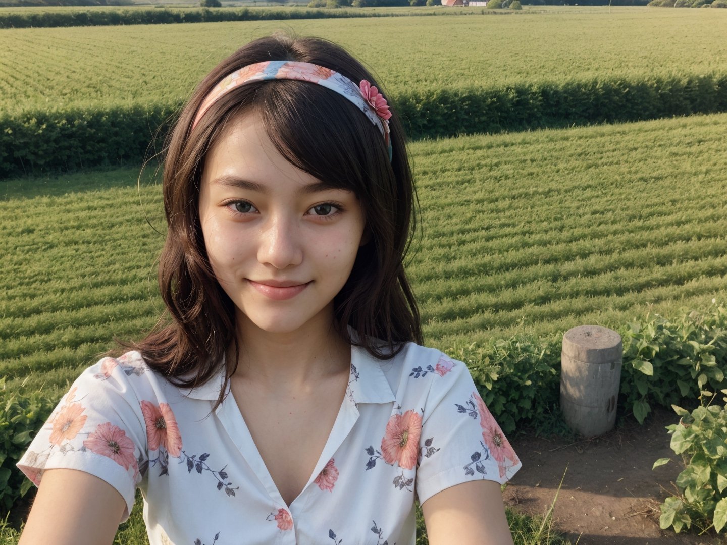 best quality, ultra detailed, female, 20 years old, farmland landscape, colorful floral blouse, hairband, upper body, standing, sunlight, closeup, selfie, smirk, 