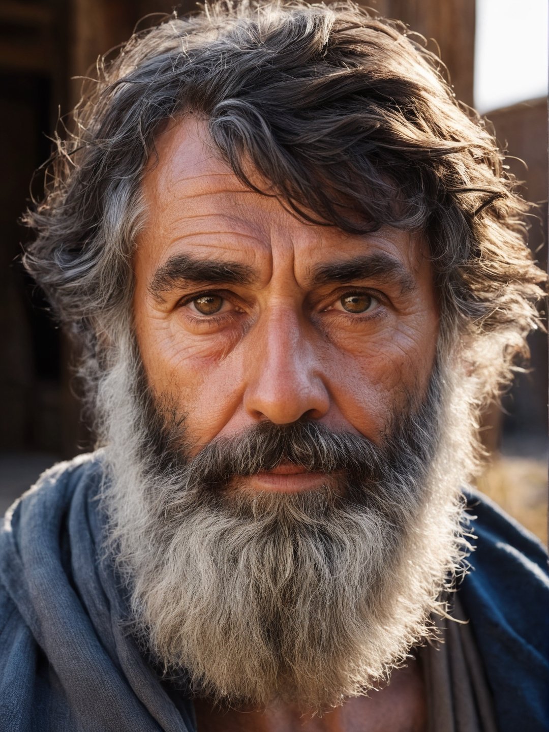photo r3al, hyperrealistic photography of Diogenes, dark brown messy hair, dark brown beard, front view, closeup, warm lighting, neutral face, masterpiece, best quality, wearing gray-blue rags, looking forward, outdoors, real man, living person, portrait, calm face, relaxed, brown large clay tube in background