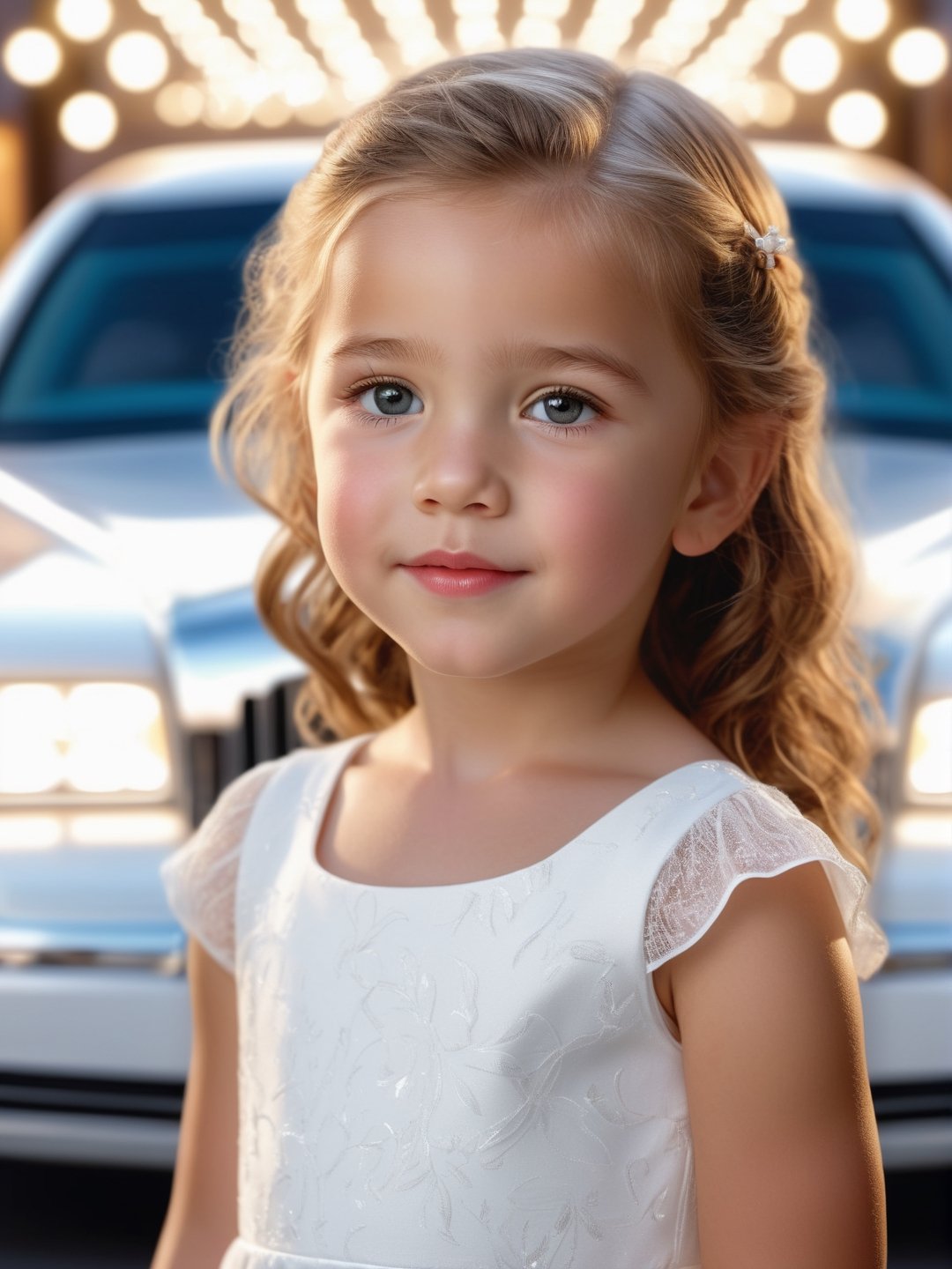 cute little girl in white dress, white limo in background, hollywood, innocent, best quality, spotlights, ultra detailed, photorealistic, hyperrealistic photography, night, ((closeup)), ((upper body)), front view, facing_viewer, proper anatomy, 