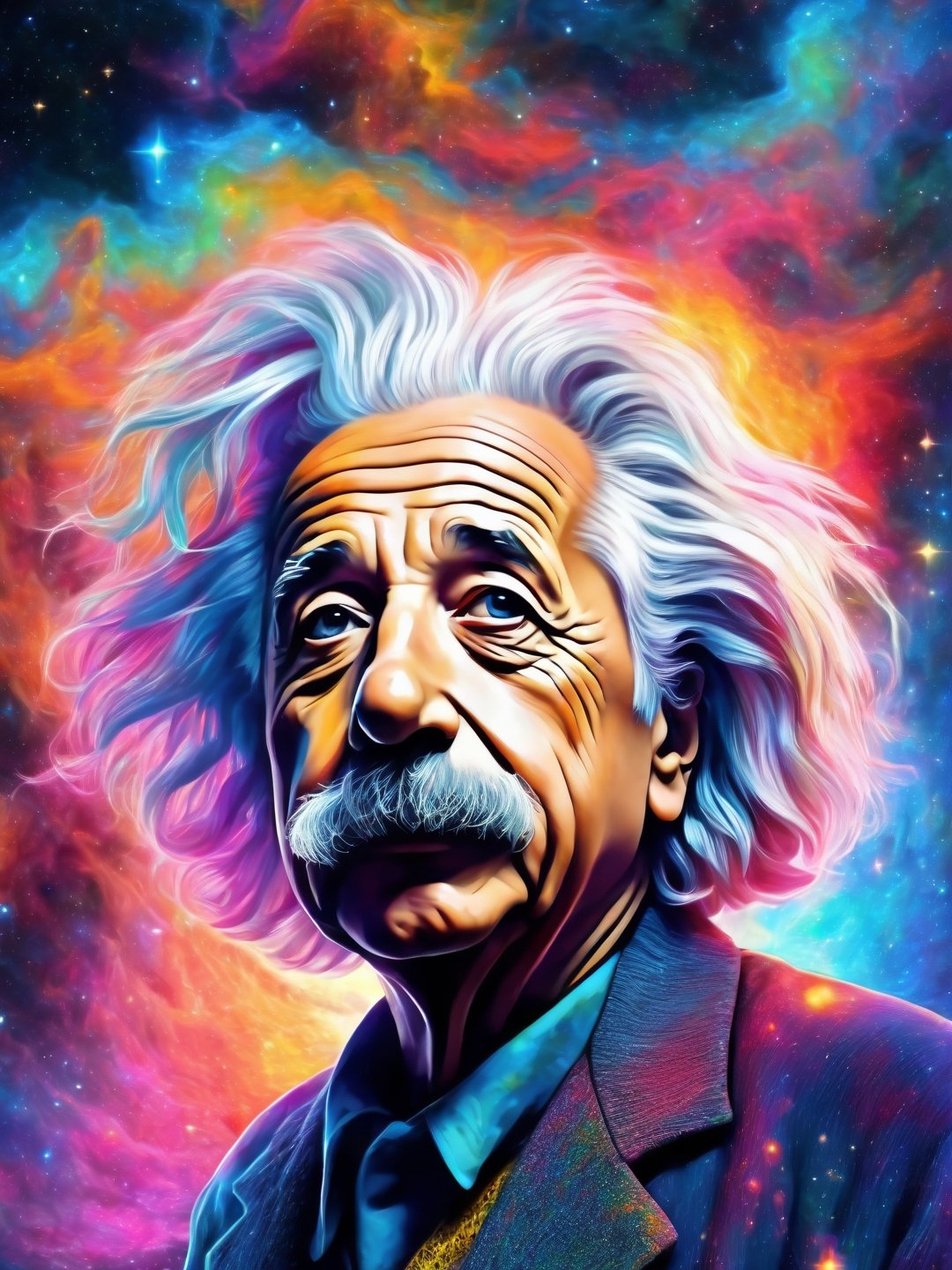 Albert Einstein portrait, nebula, Leonardo Style, Bold, Digital Painting, Edgy, Colorful, 8K UHD, Intricate Details, sunshine, bright lighting, colorful, trippy, hyper-realistic details, with digital painting techniques, trending on Artstation, cinematic lighting, psychedelic, psy art, realistic hair, detailed hair, upper body, 