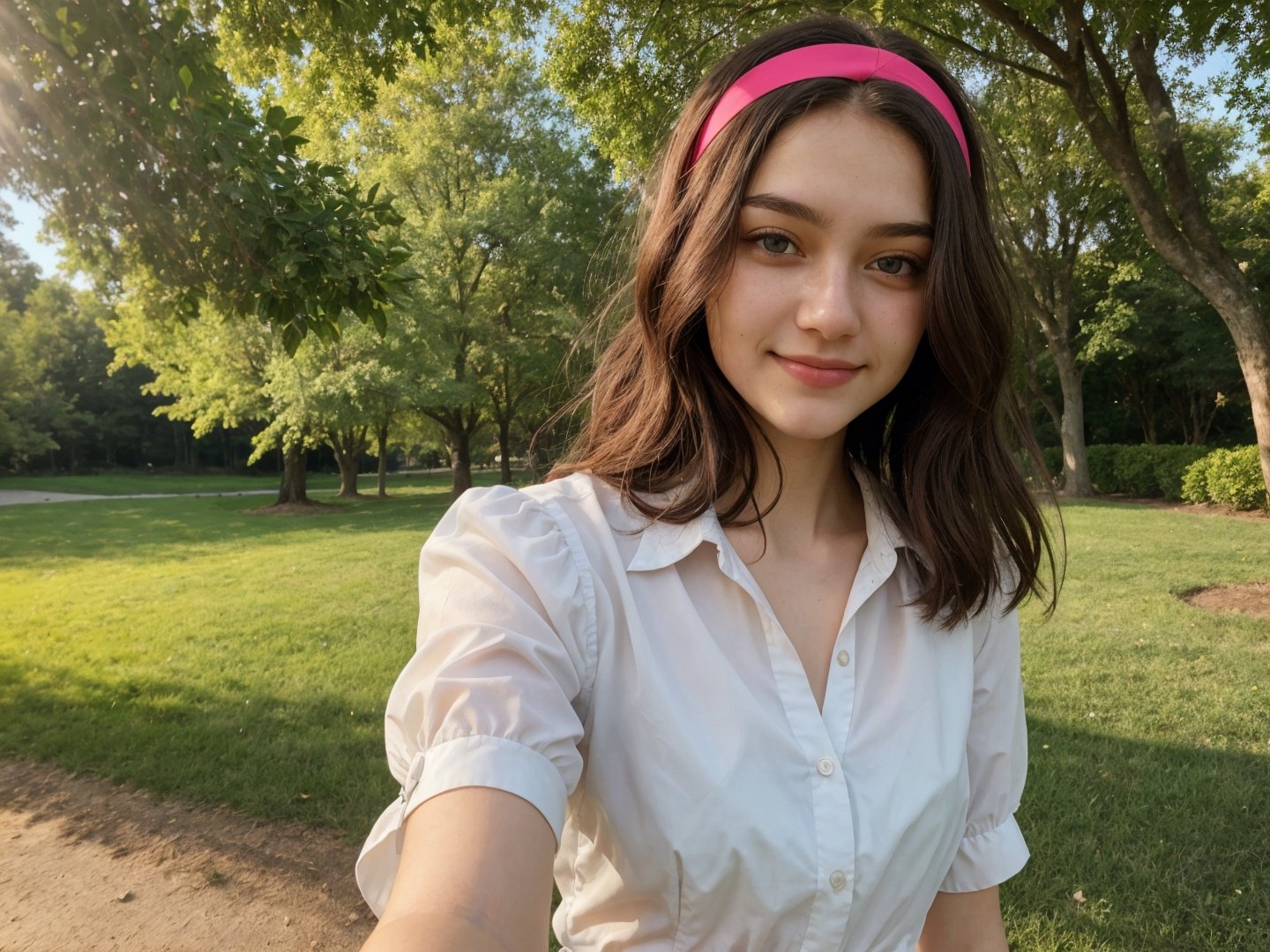 best quality, ultra detailed, female, 20 years old, landscape, outdoors, colorful blouse, hairband, upper body, standing, sunlight, closeup, selfie, smirk, 