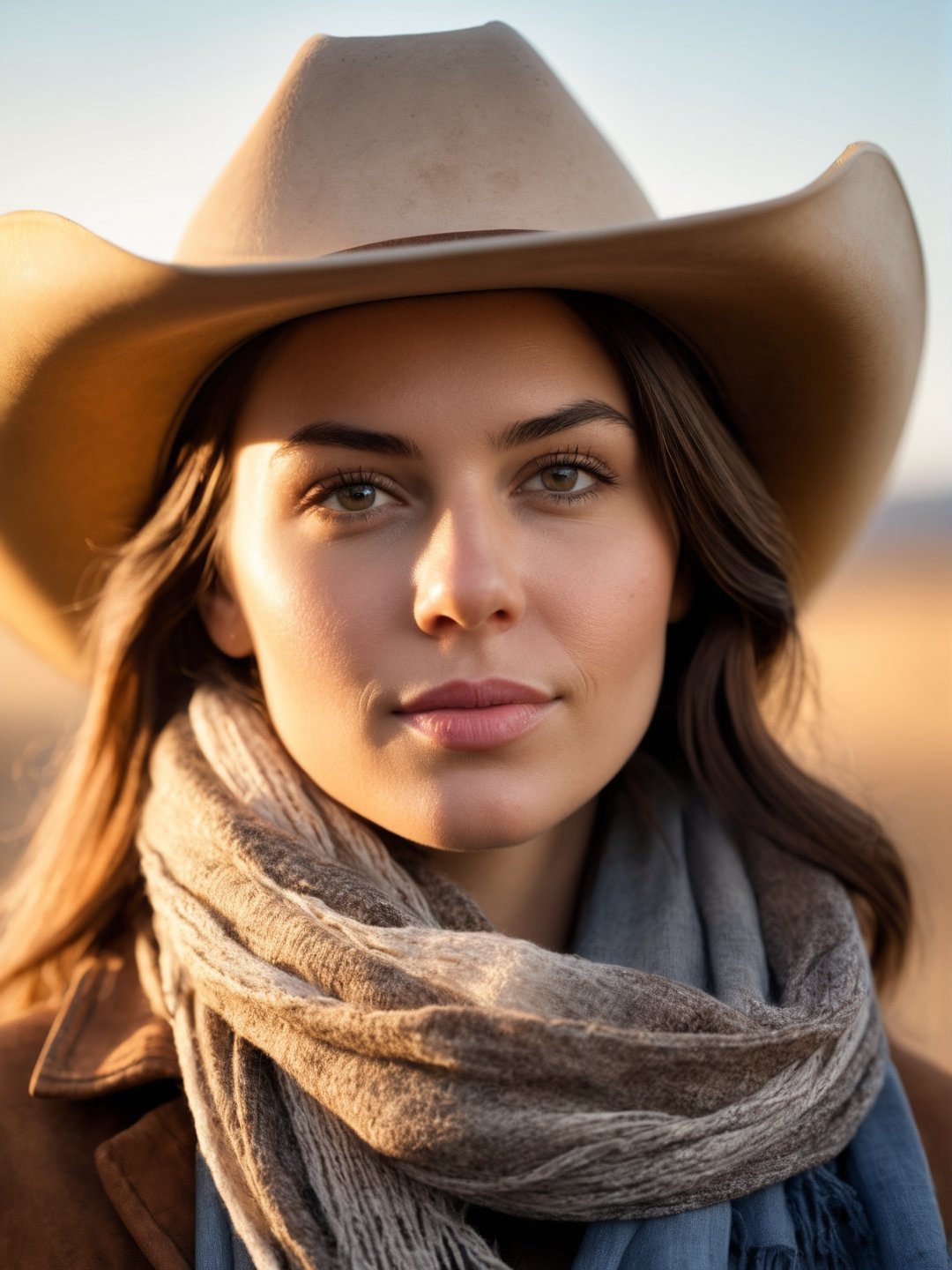 photo r3al, photorealistic, masterpiece, hyperdetailed photography, solo female, 30 years old, best quality, 8k, ultra quality, ultra detailed, closed mouth, warm lighting, soft lighting, (closeup), looking_at_viewer, facing viewer, front_view, farmer, outdoors, cowgirl, cowboy_hat, scarf