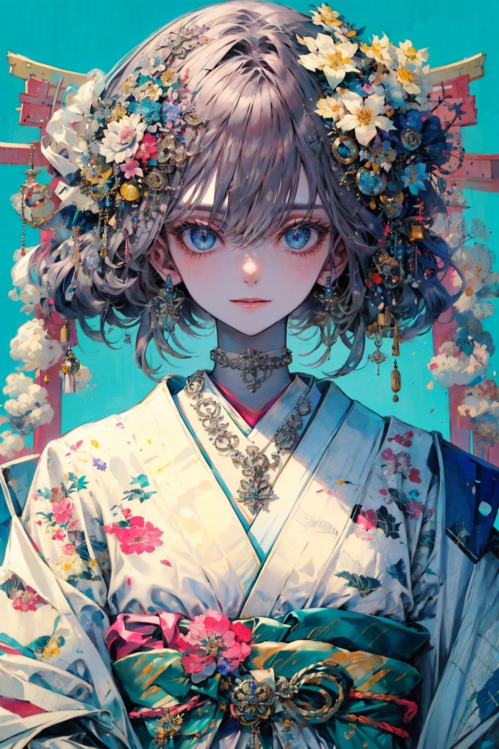 1girl, solo, breasts, looking at viewer, smile, hair ornament, bangs, blue eyes, GREY hair, hair ornament, cleavage, hair between eyes, jewelry, medium breasts, closed mouth, flower, outdoors, japanese clothes, sky, choker, day, cloud, hair flower, kimono, water, necklace, blue sky, bird, ring, Torii,