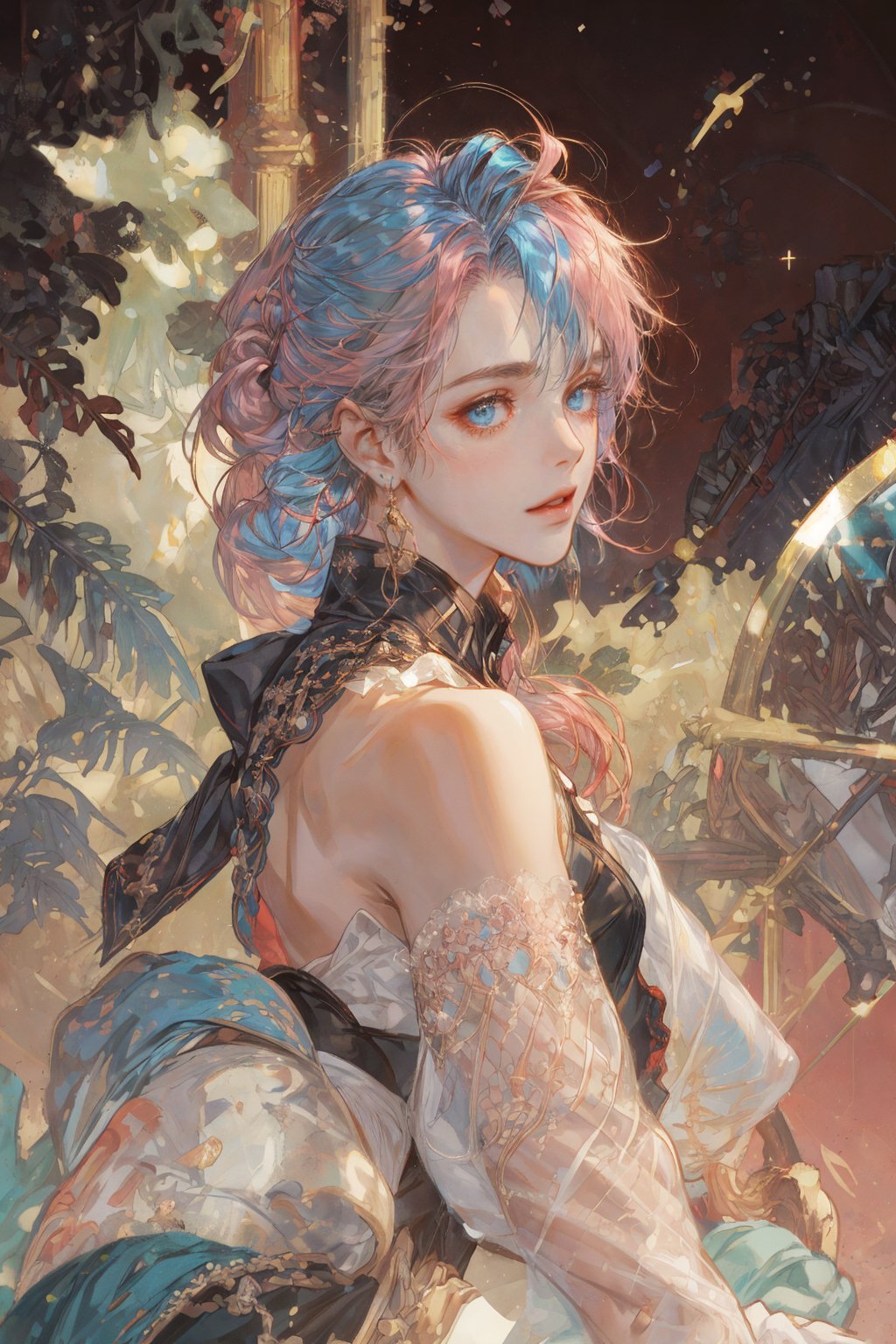 a anime character with blue hair and a black top with a cross on it's chest and a red background, Cosmo Alexander, official art, a character portrait, rococo.
ahoge, bangs, bare_shoulders, blue_hair, ear_piercing, earrings, eyebrows_visible_through_hair, jewelry, looking_at_viewer, male_focus, multicolored_hair, piercing, pink_hair, red_background, see-through, sleeveless, solo, star_earrings.