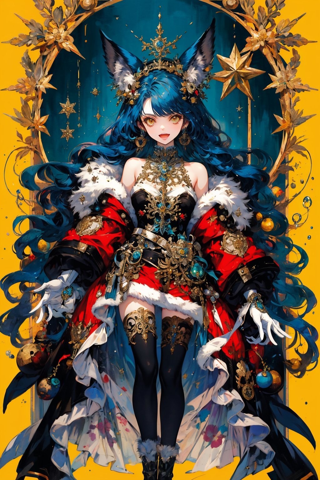 1girl, solo, long hair, breasts, looking at viewer, smile, open mouth, bangs, thighhighs, gloves, dress, holding, animal ears, bare shoulders, jewelry, medium breasts, blue hair, standing, yellow eyes, :d, earrings, boots, detached sleeves, black gloves, black thighhighs, wide sleeves, armpits, star \(symbol\), official alternate costume, fur trim, wavy hair, red dress, christmas, single earring, erune, fur-trimmed sleeves, underboob cutout, ferry \(granblue fantasy\),portrait,illustration