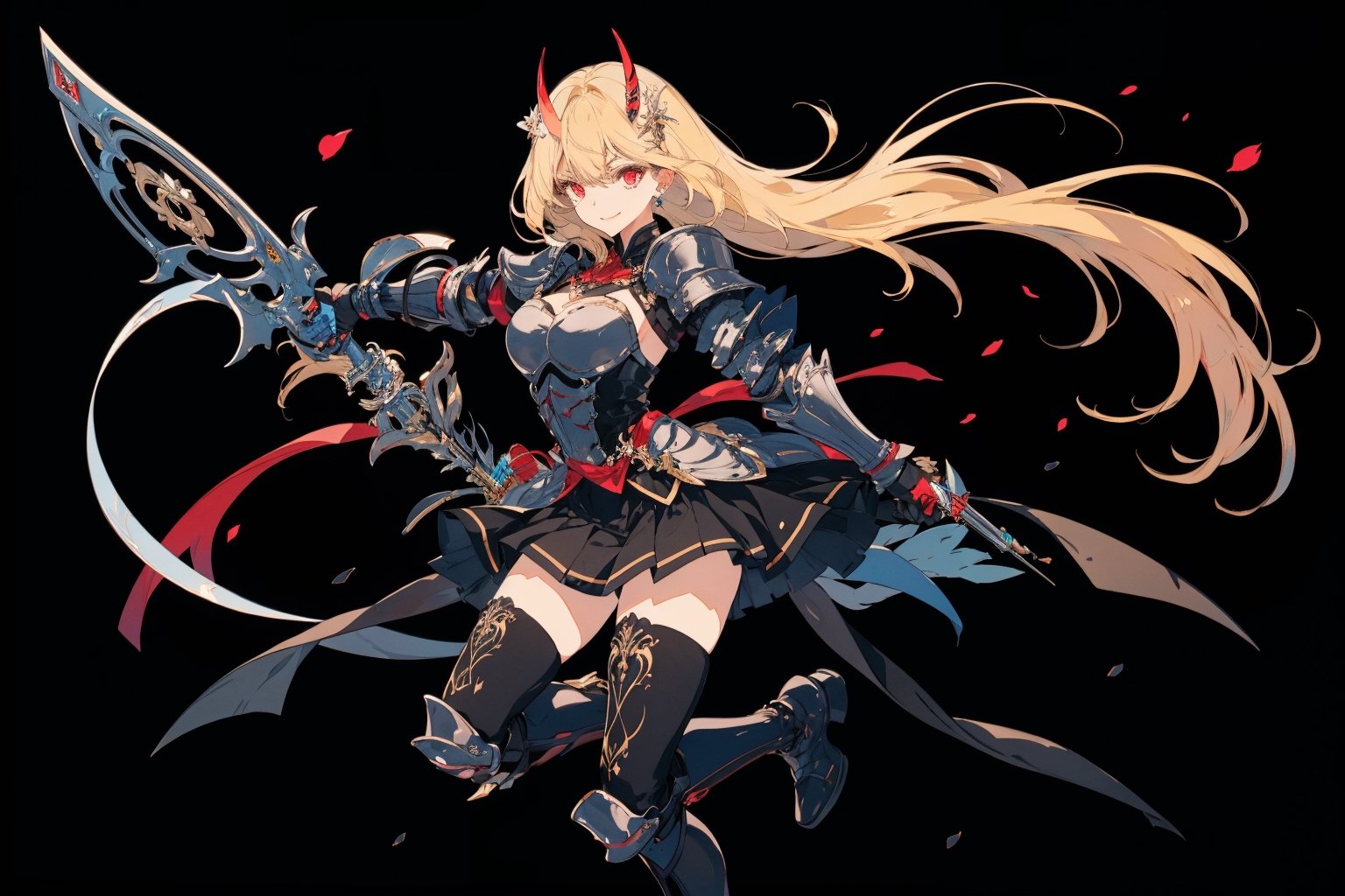 1girl, solo, long hair, breasts, looking at viewer, smile, bangs, skirt, blonde hair, hair ornament, red eyes, thighhighs, gloves, dress, holding, very long hair, weapon, boots, horns, black gloves, elbow gloves, black thighhighs, holding weapon, armor, thigh boots, polearm, black background, armored boots