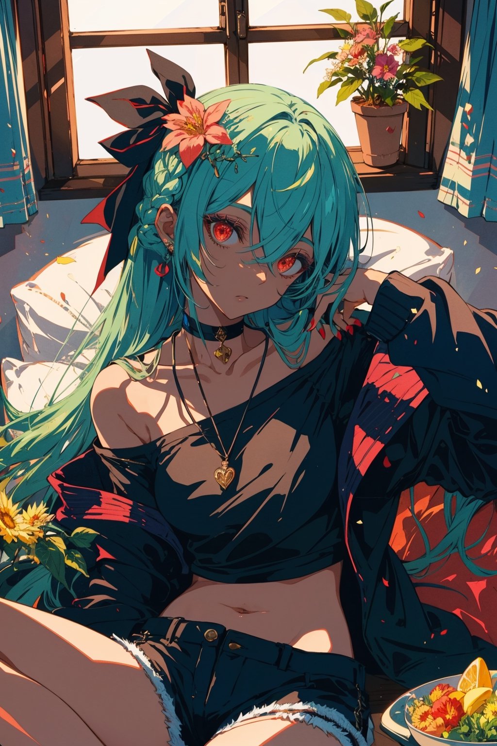 1girl, solo, long hair, breasts, looking at viewer, bangs, hair ornament, red eyes, long sleeves, ribbon, navel, holding, hair between eyes, bare shoulders, sitting, very long hair, collarbone, jacket, hair ribbon, braid, flower, heart, food, green hair, shorts, indoors, hair flower, dark skin, off shoulder, nail polish, dark-skinned female, black jacket, fingernails, head tilt, short shorts, window, single braid, black ribbon, black shorts, sharp fingernails, pacifier