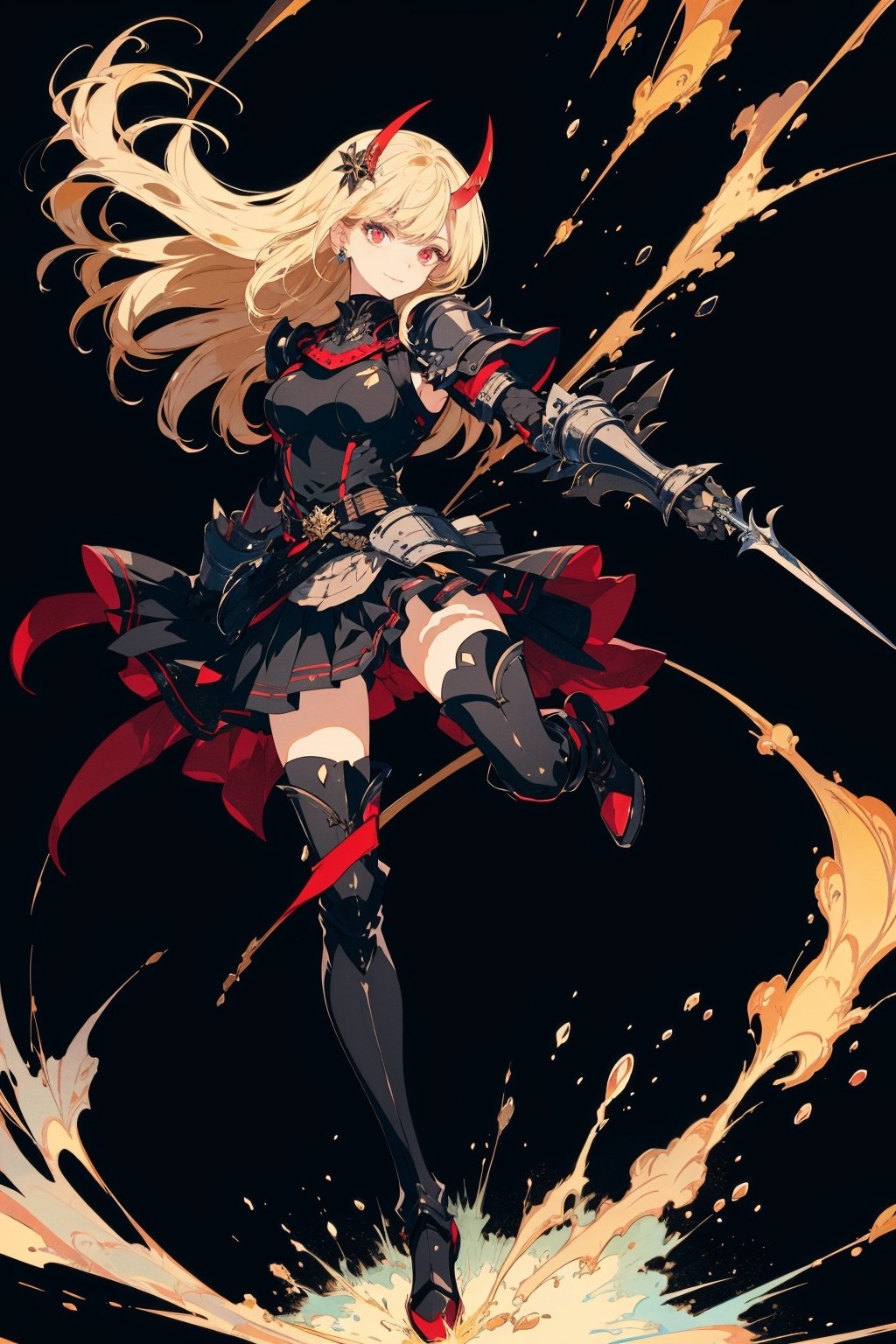 1girl, solo, long hair, breasts, looking at viewer, smile, bangs, skirt, blonde hair, hair ornament, red eyes, thighhighs, gloves, dress, holding, very long hair, weapon, boots, horns, black gloves, elbow gloves, black thighhighs, holding weapon, armor, thigh boots, polearm, black background, armored boots,portrait,illustration,fcloseup