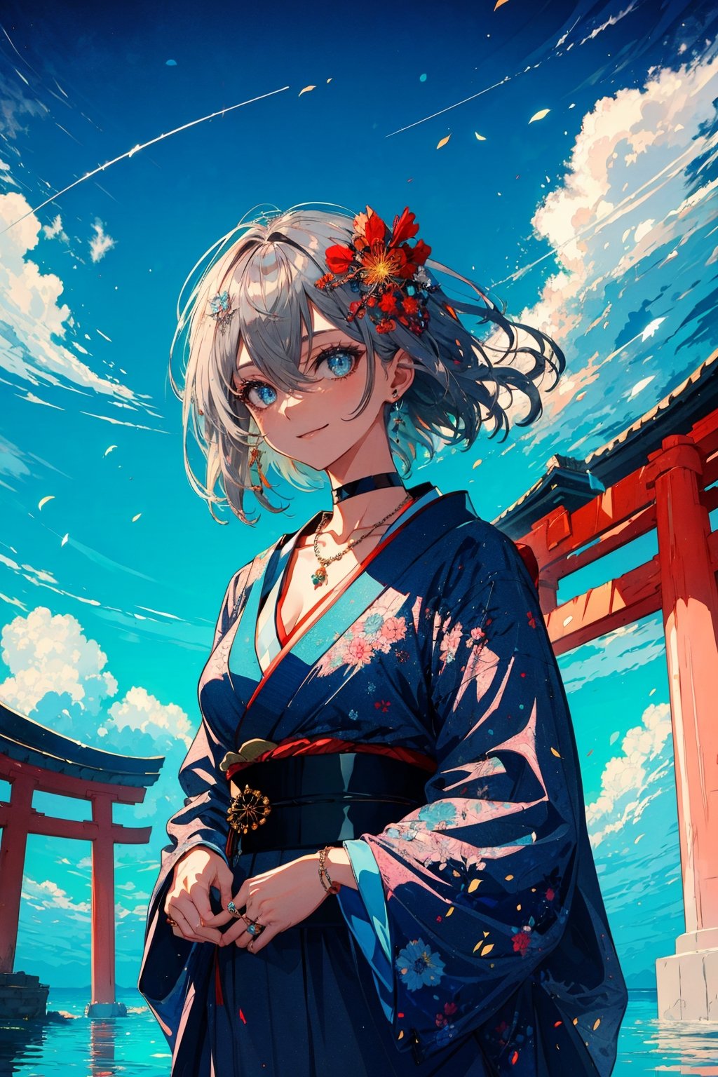 1girl, solo, breasts, looking at viewer, smile, hair ornament, bangs, blue eyes, GREY hair, hair ornament, cleavage, hair between eyes, jewelry, medium breasts, closed mouth, flower, outdoors, japanese clothes, sky, choker, day, cloud, hair flower, kimono, water, necklace, blue sky, bird, ring, Torii,