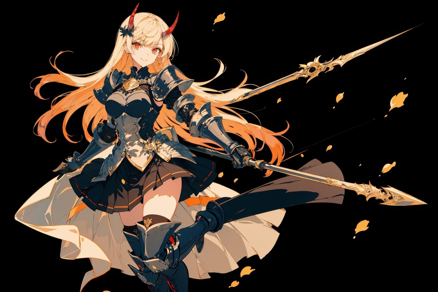 1girl, solo, long hair, breasts, looking at viewer, smile, bangs, skirt, blonde hair, hair ornament, red eyes, thighhighs, gloves, dress, holding, very long hair, weapon, boots, horns, black gloves, elbow gloves, black thighhighs, holding weapon, armor, thigh boots, polearm, black background, armored boots