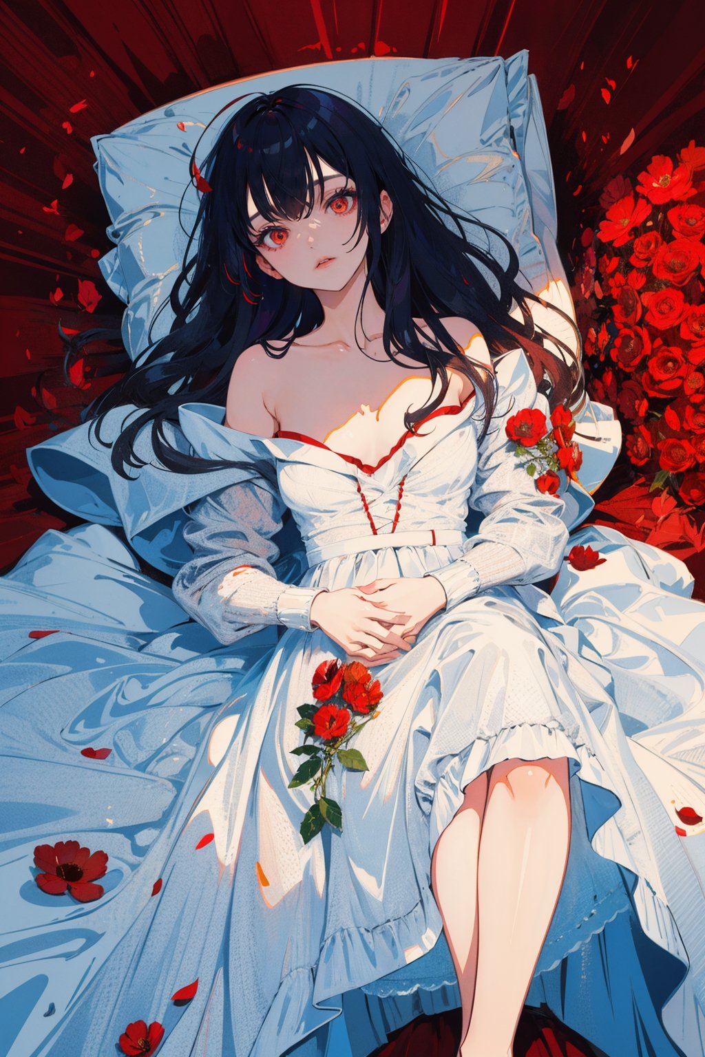 1girl, solo, long hair, red eyes, dress, collarbone, lying, parted lips, on back, white dress, feet out of frame, own hands together, red background, red theme, coffin, red flower,Illustration