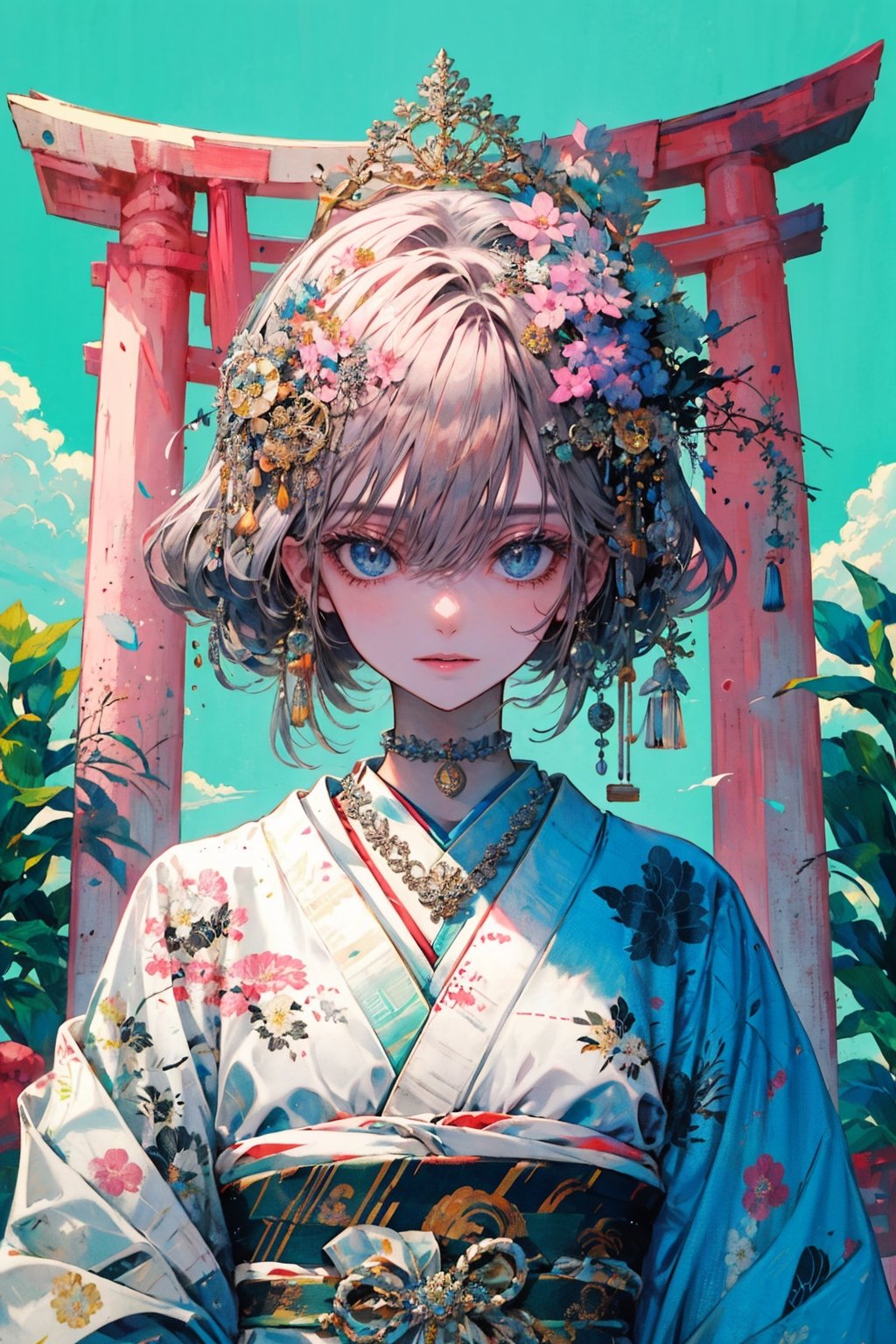 1girl, solo, breasts, looking at viewer, smile, hair ornament, bangs, blue eyes, GREY hair, hair ornament, cleavage, hair between eyes, jewelry, medium breasts, closed mouth, flower, outdoors, japanese clothes, sky, choker, day, cloud, hair flower, kimono, water, necklace, blue sky, bird, ring, Torii,