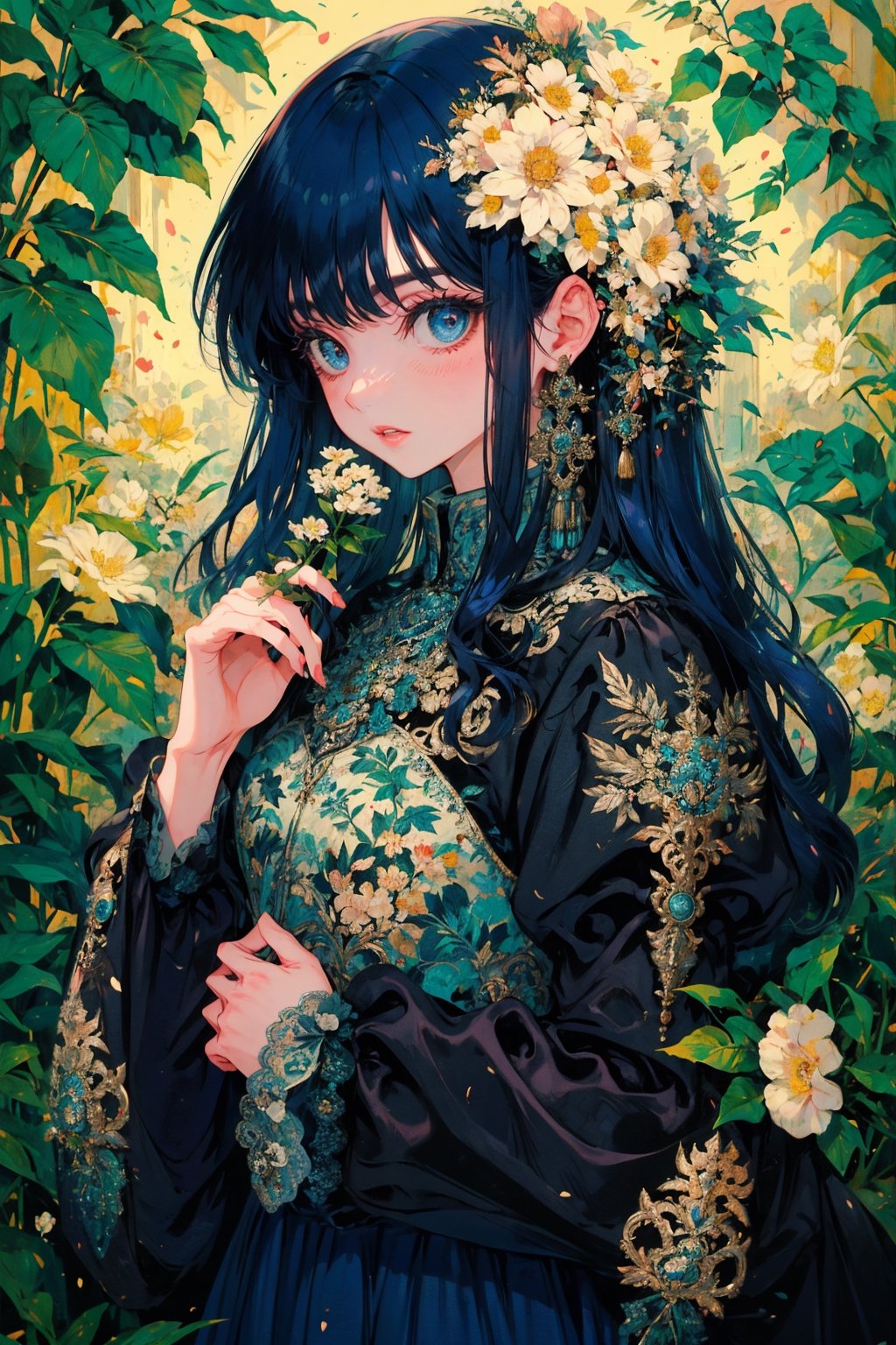 1girl, solo, long hair, blush, bangs, blue eyes, hair ornament, long sleeves, dress, holding, blue hair, upper body, flower, parted lips, hair flower, wide sleeves, black dress, from side, blue dress, leaf, plant, white flower, lace trim, holding flower