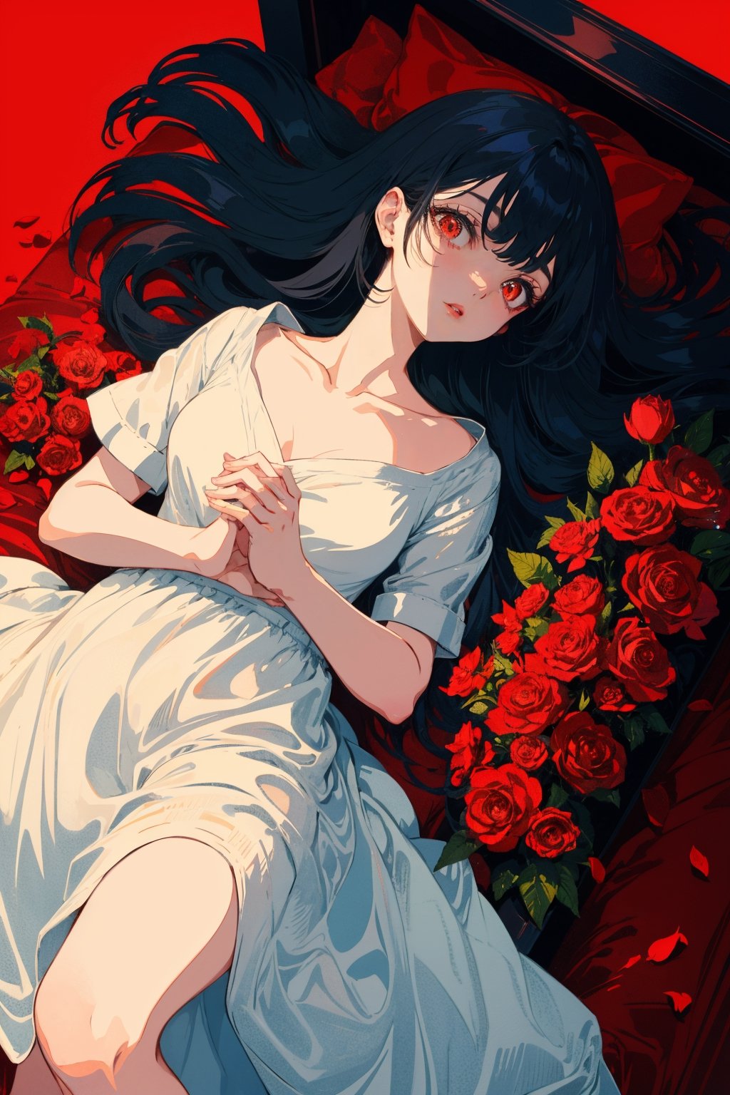 1girl, solo, long hair, red eyes, dress, collarbone, lying, parted lips, on back, white dress, feet out of frame, own hands together, red background, red theme, coffin, red flower,