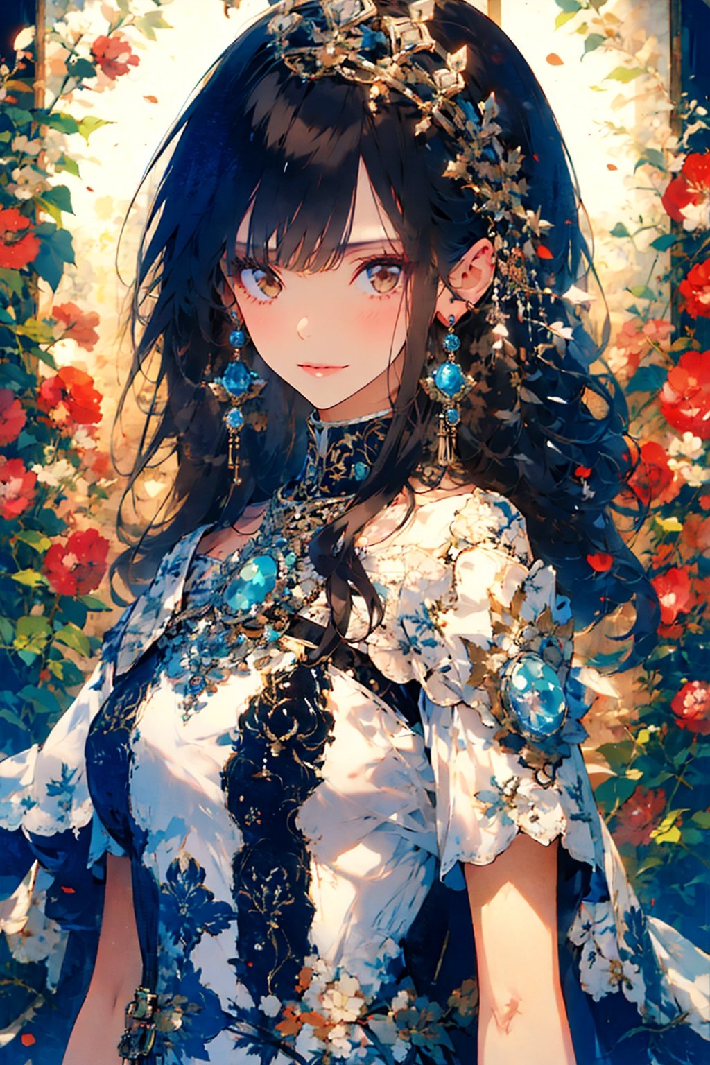 1girl, solo, long hair, breasts, looking at viewer, smile, black hair, dress, brown eyes, jewelry, closed mouth, upper body, short sleeves, earrings, white dress, from side, lips, see-through, looking to the side, tiara, crown, gem, veil, stairs