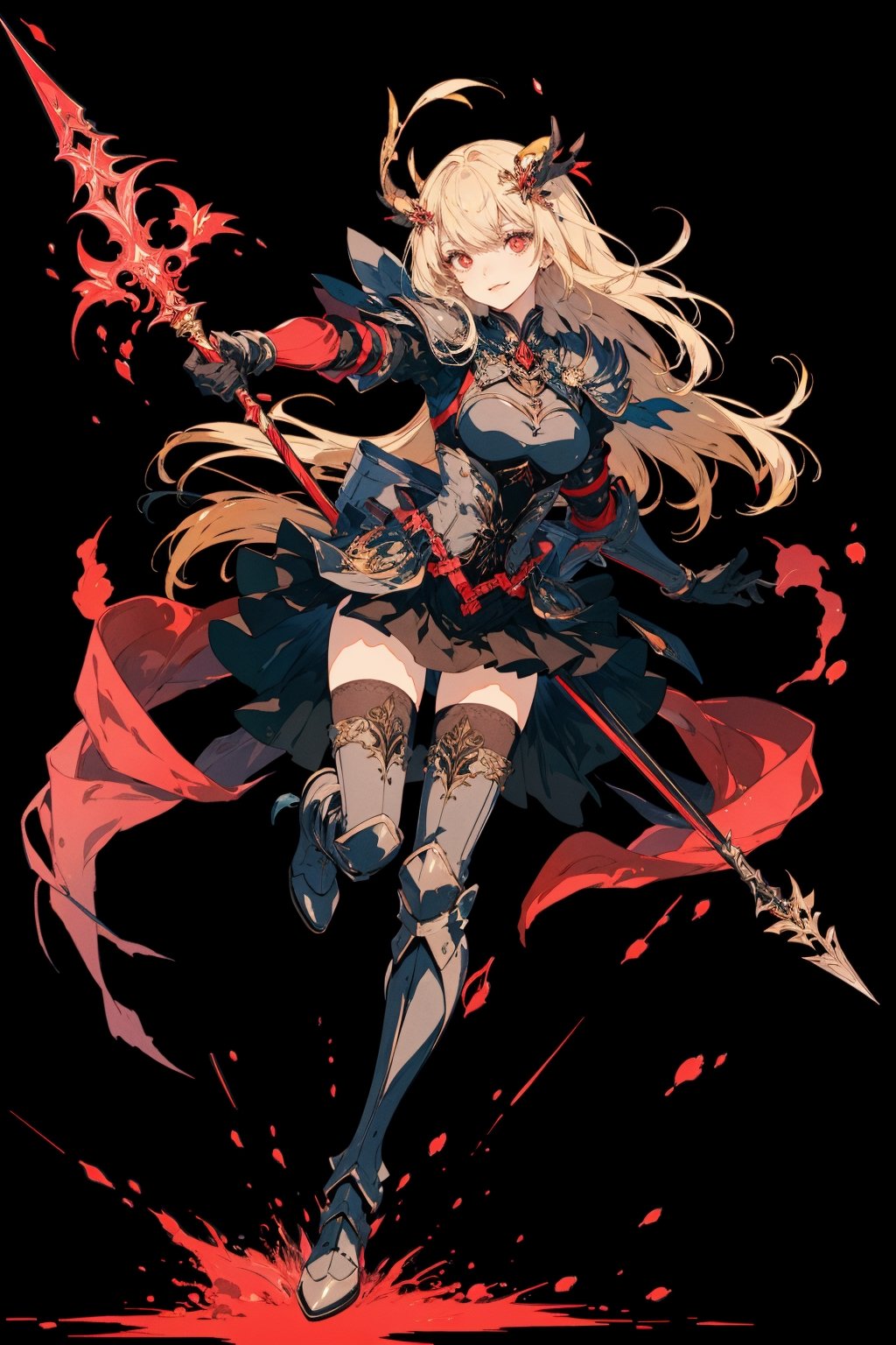 1girl, solo, long hair, breasts, looking at viewer, smile, bangs, skirt, blonde hair, hair ornament, red eyes, thighhighs, gloves, dress, holding, very long hair, weapon, boots, horns, black gloves, elbow gloves, black thighhighs, holding weapon, armor, thigh boots, polearm, black background, armored boots,portrait,illustration,fcloseup